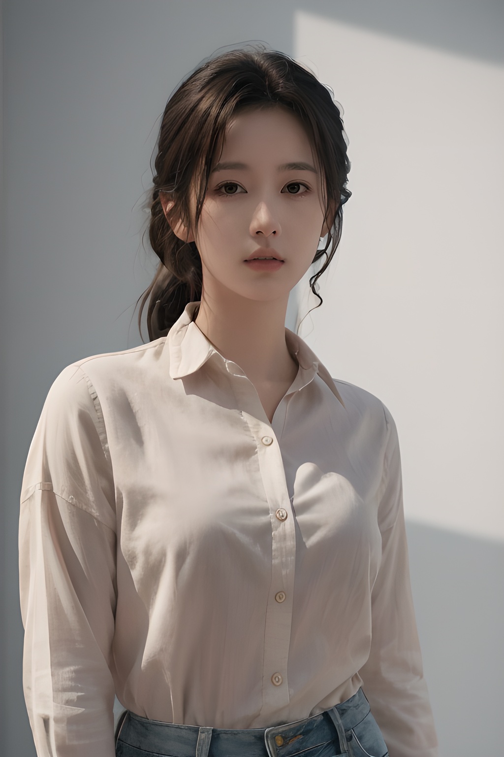 <lora:0806_10:0.7>,simple background,untucked_shirt,, 1girl,realistic,masterpiece, best quality, photorealistic, HDR,detail