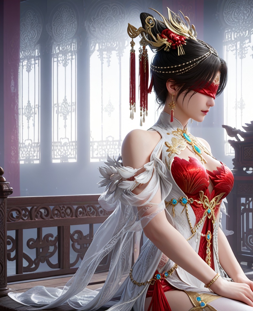 (oriental architecture, elegant decor, sophisticated style:1.1),(Resting on a bench in a busy city, looking tired but content after a long day of exploring,:1.1),Proud,(breasts:1.2),<lora:XL16永劫无间宁红叶赤皓新囍白:0.95>,miss ninghongye,white dress with red corset,blindfold,black hair,traditional chinese updo,hair ornament,earrings,jewelry,bare shoulders,, score_9,score_8_up,score_7_up,score_6_up,score_5_up,score_4_up,3d rendering,tag1,tag2, Cinematic Lighting,backlighting,