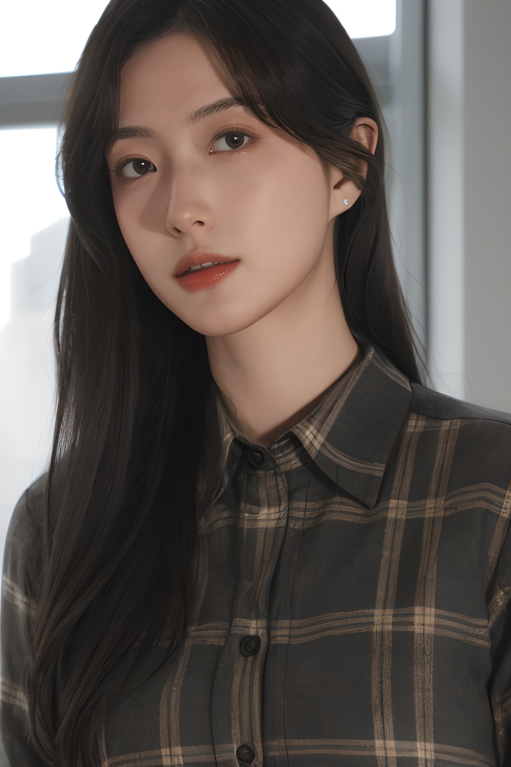 <lora:0829_07:0.7>,plaid_shirt,, 1girl,realistic,masterpiece, best quality, photorealistic, HDR,detail