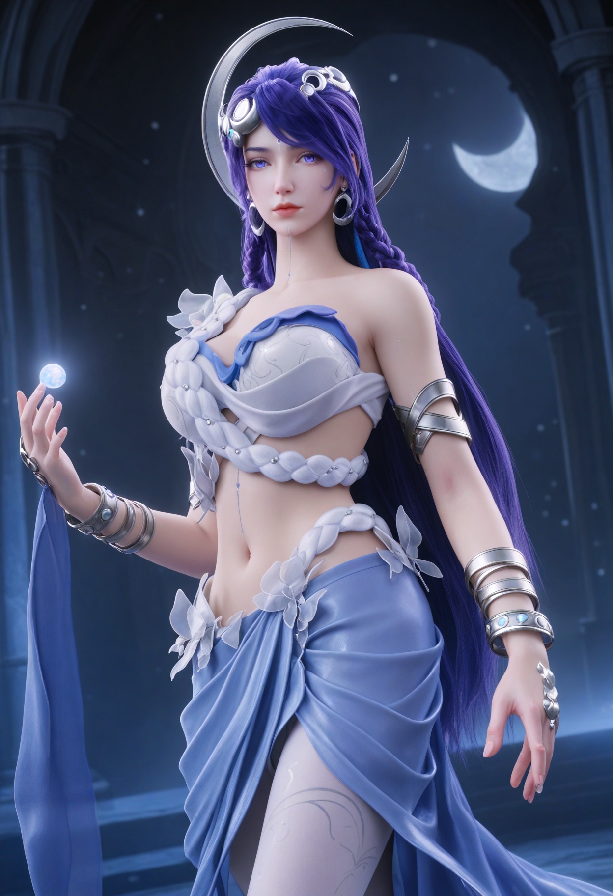 upper_body,(gigantic breasts:0.6),(slender:1.3),(looking_at_viewer:1.1),(masterpiece:1.1),(best quality:1.2),(intricate details),(smog:1.3),(Dark room:1.3),(dim lighting:1.3),<lora:YQ_Illustrious光辉v5_海月_V1:0.8>,q1528437228,solo,1girl,long_hair,purple_hair,jewelry,hair_ornament,earrings,blue_eyes,dress,blue_hair,braid,bracelet,crescent,bare_shoulders,midriff,very_long_hair,white_dress,skirt,crescent_hair_ornament,armor,purple_eyes,shoes,high_heels,realistic,blue_footwear,armlet,night,crescent_earrings,facial_mark,barefoot,hair_rings,long_skirt,white_pantyhose,blue_dress,masterpiece,(best quality),(intricate details:0.9) BREAK (intricate details:0.9),(realistic skin:1.2),masterpiece,best quality,newest,absurdres,hiahres,