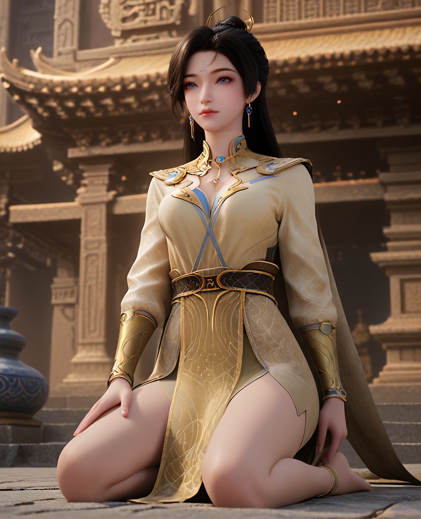 (oriental architecture, elegant decor, sophisticated style:1.1),(Kneeling down with hands resting on thighs,:1.1),(breasts:1.2),<lora:XL16遮天薇薇:0.95>,miss weiwei,beige dress,blue eyes,forehead mark,black hair,long hair,hair ornament,earrings,jewelry,belt,cape,wrist support,pelvic curtain,, score_9,score_8_up,score_7_up,score_6_up,score_5_up,score_4_up,3d rendering,tag1,tag2, Cinematic Lighting,backlighting,