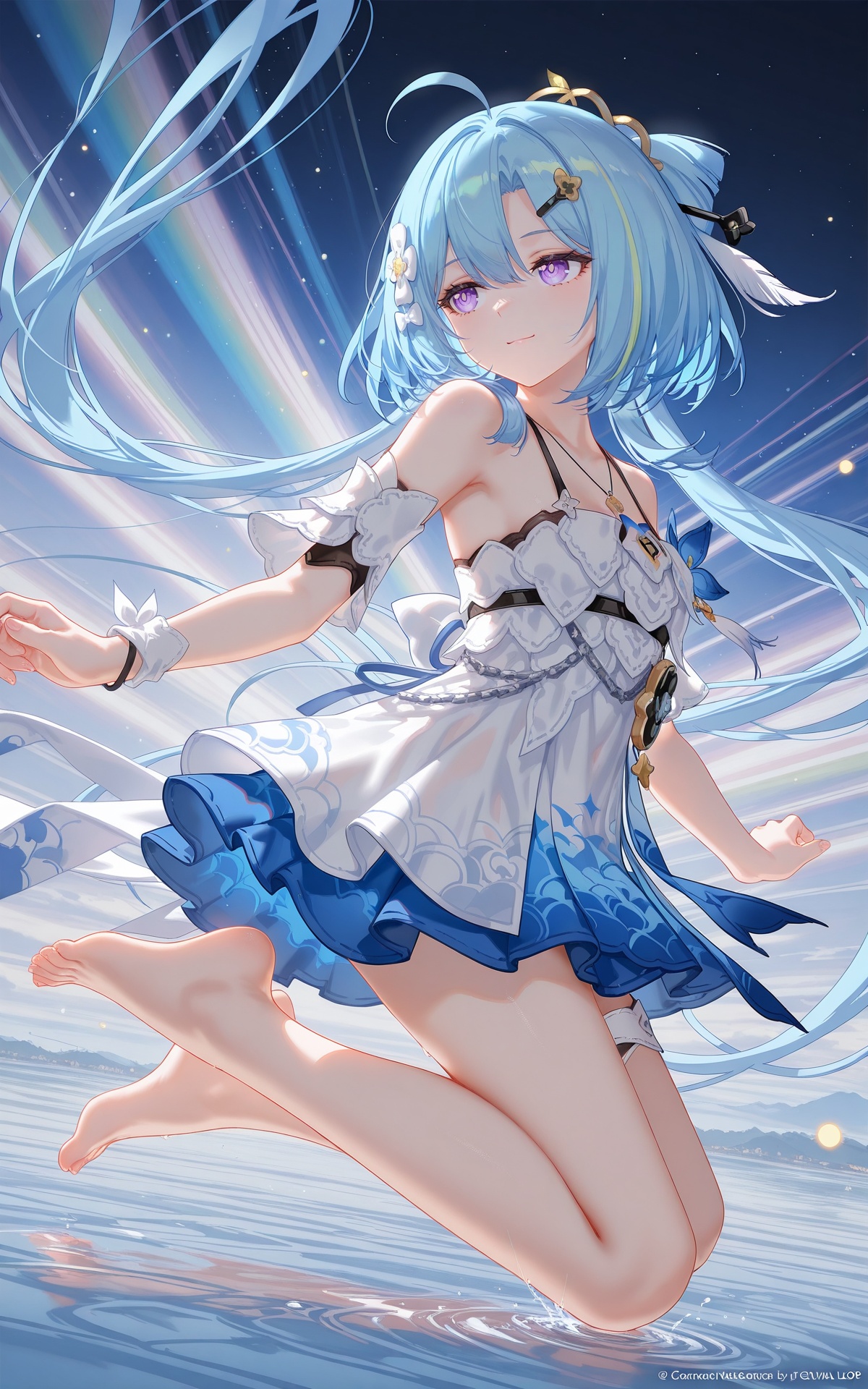 8k,best quality,masterpiece,(ultra-detailed),(high detailed skin),((artist:reoen),(artist:fuzichoco),(artist:atdan),(artist:torino_aqua),year 2024:0.8),[artist:wlop],[artist:ningen_mame],artist:ciloranko,[[artist:rhasta]],artist:tidsean,colorful,<lora:xl-ill-Griseo(Honkai Impact 3)-v1-000010:0.8>,griseo:xiamengruhui\(honkai impact 3\),1girl,solo,long hair,hair ornament,ahoge,blue hair,hair between eyes,purple eyes,smile,bare shoulders,dress,white dress,barefoot,