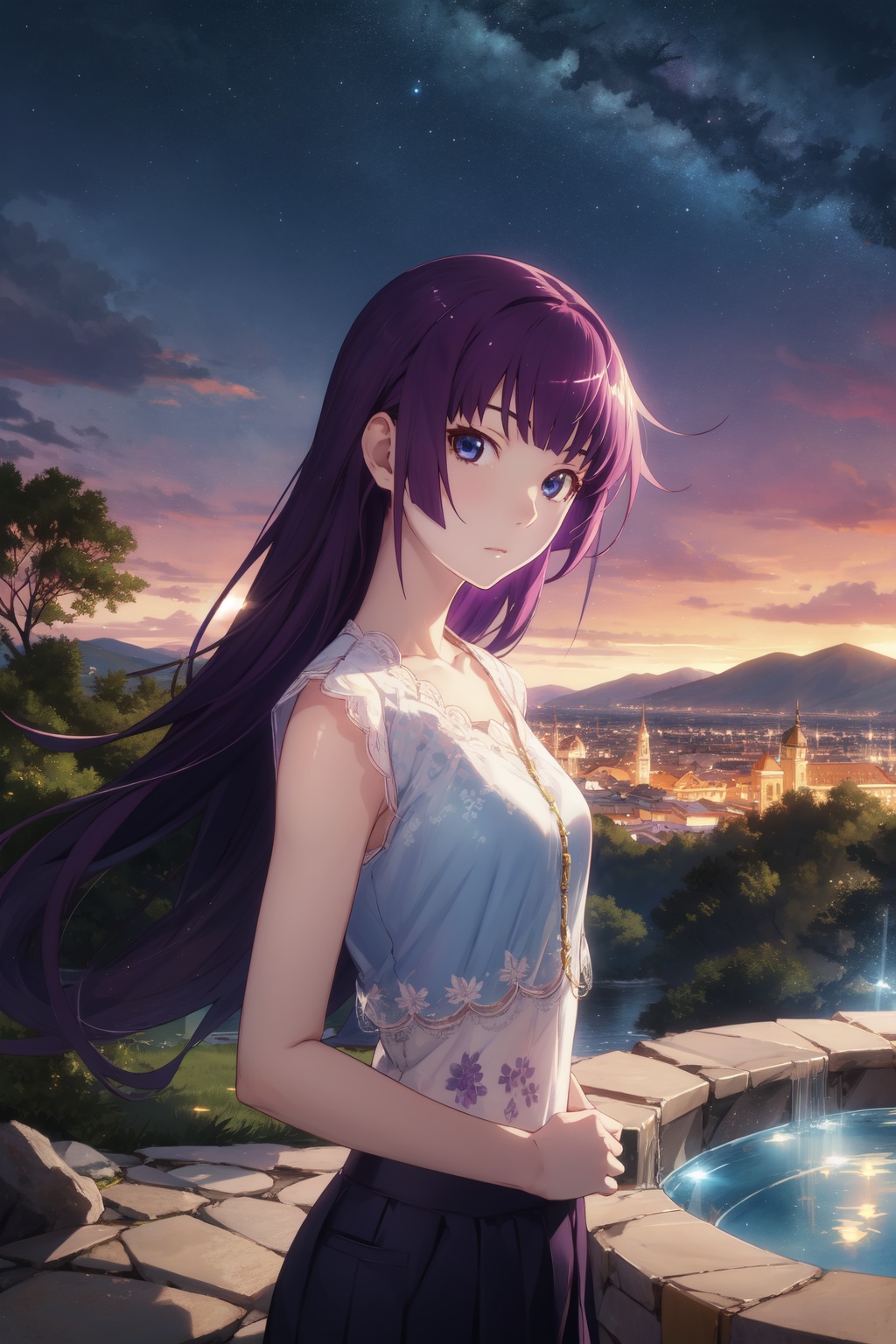 <lora:Hitagi-000008:0.8>,Hitagi CYQL,1girl,looking at viewer,solo,long hair,purple hair,blue eyes,Linen culottes, crop top, lace-up sandals,Sensual, A deep, intense gaze, a slow, deliberate smile, and a relaxed posture.,portrait,beautiful face,beautiful eyes,glossy skin,shiny skin,Geysers, Volcanic, Steam, Landscape, Hot Springs, Colors, Serenity, Power,(Bamboo shoots, Bamboo grove, Misty atmosphere, Morning tranquility, Bamboo shadows, Zen serenity:0.6),beautiful detailed sky,beautiful detailed glow,masterpiece,best quality,beautiful and aesthetic,wallpaper,
