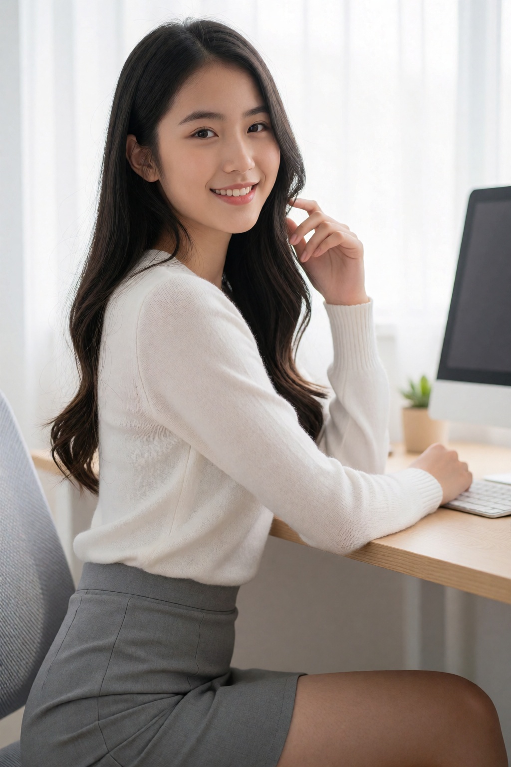 Asian woman sitting at a desk,  long wavy dark hair,  white sweater on Tensor.Art