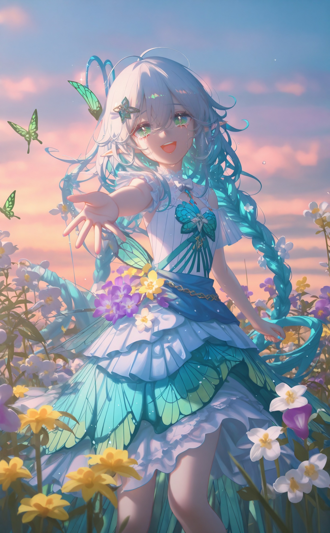 masterpiece,absurdres,best quality,high quality,chromatic_aberration,//,illustration,ultra detailed,hdr,Depth of field,(colorful),loli,[Artist:wlop],[[Artist:sheya]],Artist:ask \(askzy\),1girl,flower,solo,long hair,open mouth,water,dress,tears,yellow flower,crying,blue eyes,multicolored hair,smile,looking at viewer,ahoge,white dress,crying with eyes open,sleeveless,outdoors,aqua hair,hair ornament,blue hair,sleeveless dress,white flower,:d,frillswing sleeves,golden embroidery,green butterfly,braided hair,silver hair,orchid,blue-green dress,lace details,green eyes,hair vine,bow,silver nails,waist sash,bowtie,arm extended,sparkling nail polish,white lace,medium build,hair draping over eyes,spiral hair ornament,white bow,dress with cutouts,layered skirt,very long hair,purple orchid,sleeveless,fairy,:D,//,//,<lora:konya_karasue——【CKXL】hans:1>,