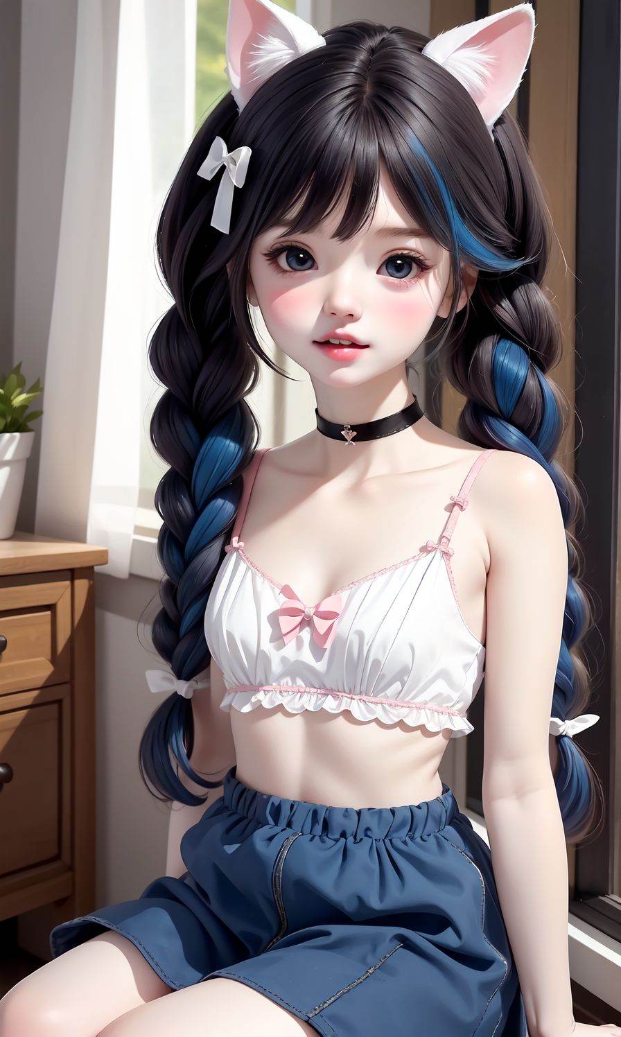 (Masterpiece:1.2), (best quality:1.2), (ultra high resolution:1.2), girl, animal ears, long hair, solo, sitting, braid, looking at viewer, twin braids, blue hair, bow, skirt, blue skirt, black eyes, fake animal ears, window, cat ears, twintails, hair ornament, very long hair, parted lips, bangs, indoors, hair bow, white bra, white bow, curtains, frills, rabbit ears, bra, underwear, choker, blush, pale skin, white choker, teeth, lips, collarbone, knees up , <lora:doll:0.5>
