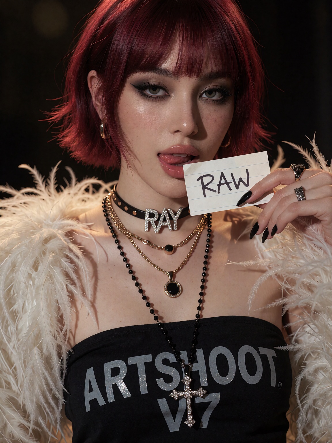 This is a highly realistic fashion portrait featuring a young woman with vibrant,  textured short red hair and bangs that...