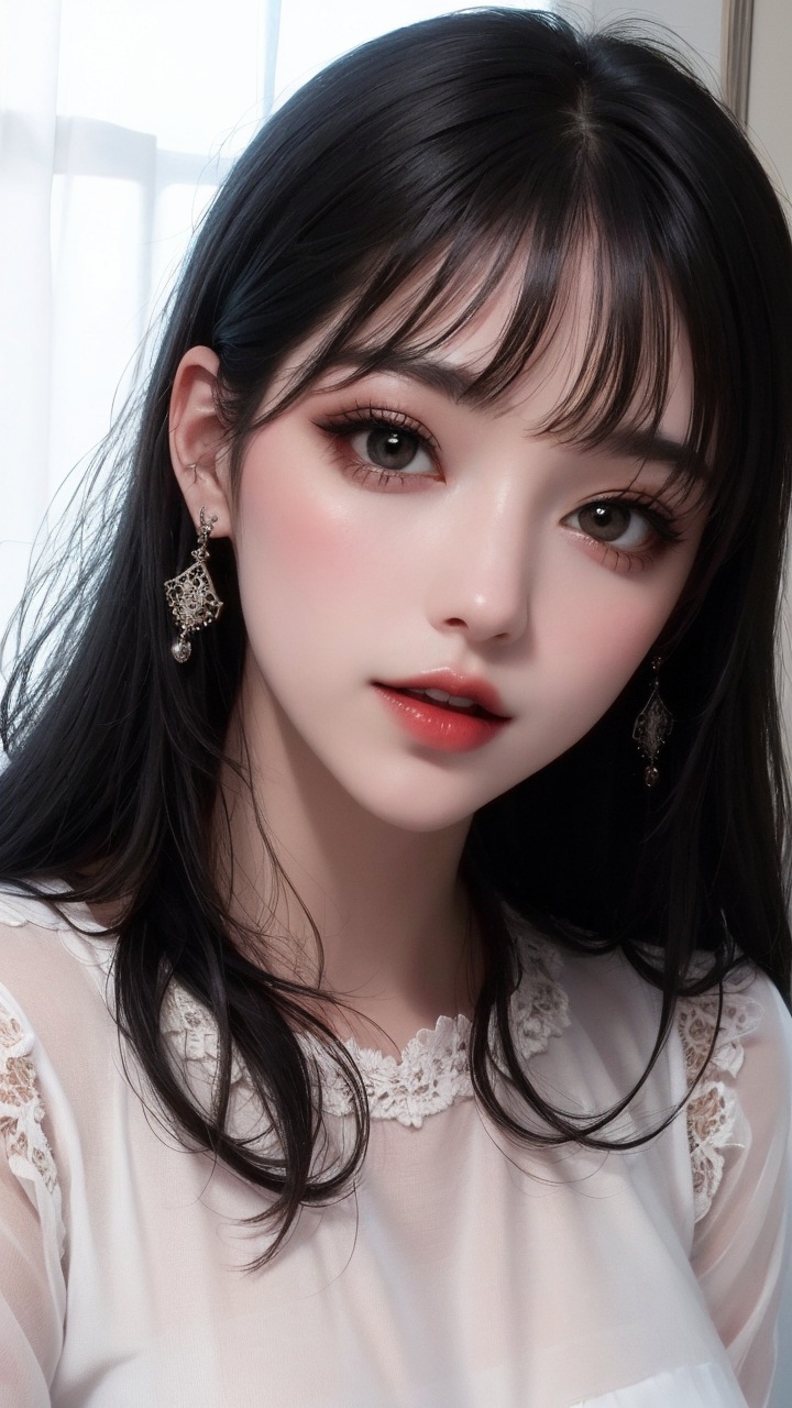 multiple_girls, 2girls, sitting, realistic, black_hair, dress, makeup, lipstick, letterboxed, hair_ornament, looking_at_viewer, long_hair, see-through, lips