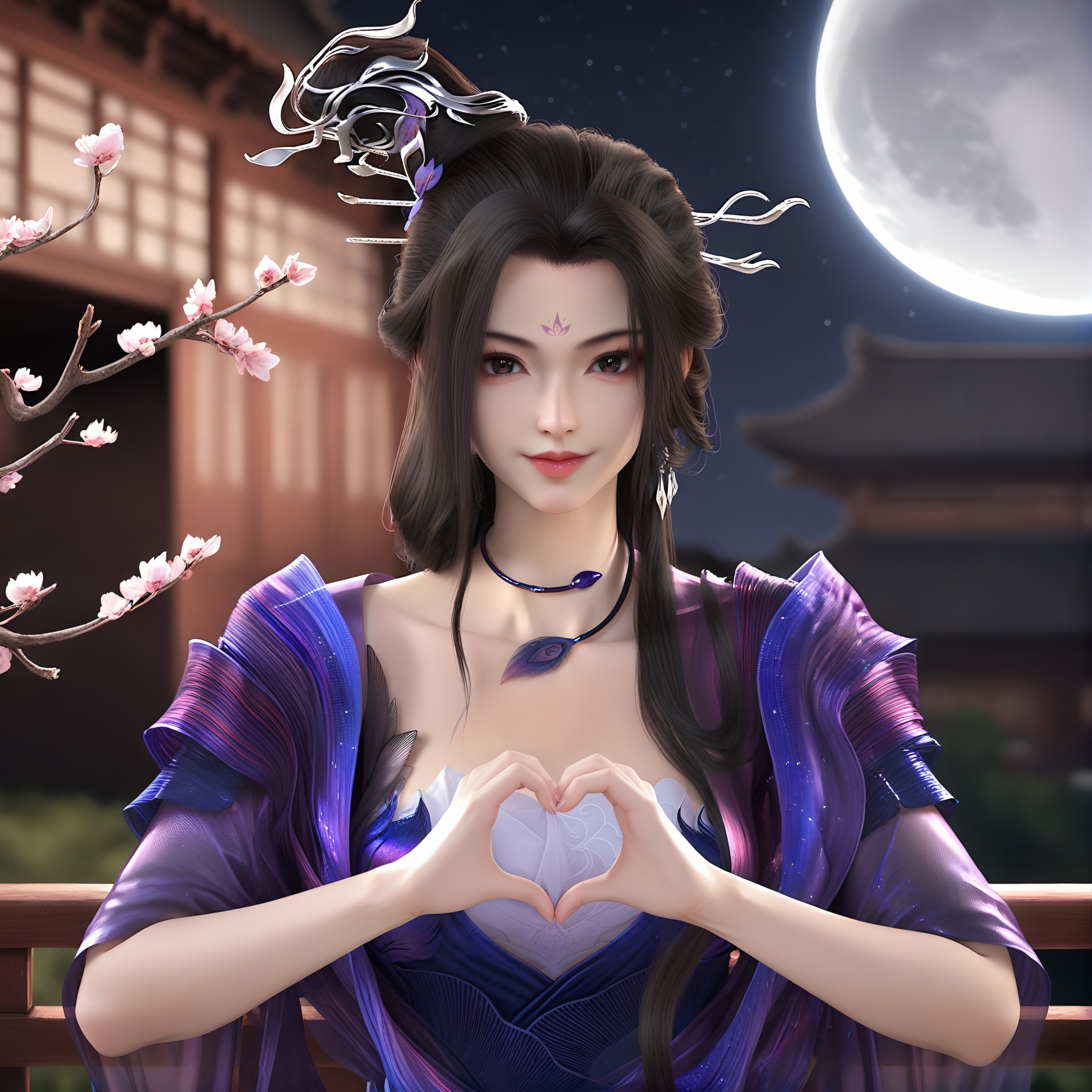 (score_9),<lora:风秋雨pony-v2:0.85>,fqy,1girl,solo,long hair,black hair,hair ornament,updo,earrings,forehead mark,light blush,light smile,jewelry,choker,layered dress,flowing long gown,sheer ruffled sleeves,heart hands,BREAKlooking at viewer,front view,upper body,face focus,twig,branch,falling petals,starry_sky,hyper_galaxy,handrail,night,depth of field,moon,(chinese style architecture),chinese style,wooden,<lora:perfect eyes_v1:1>,