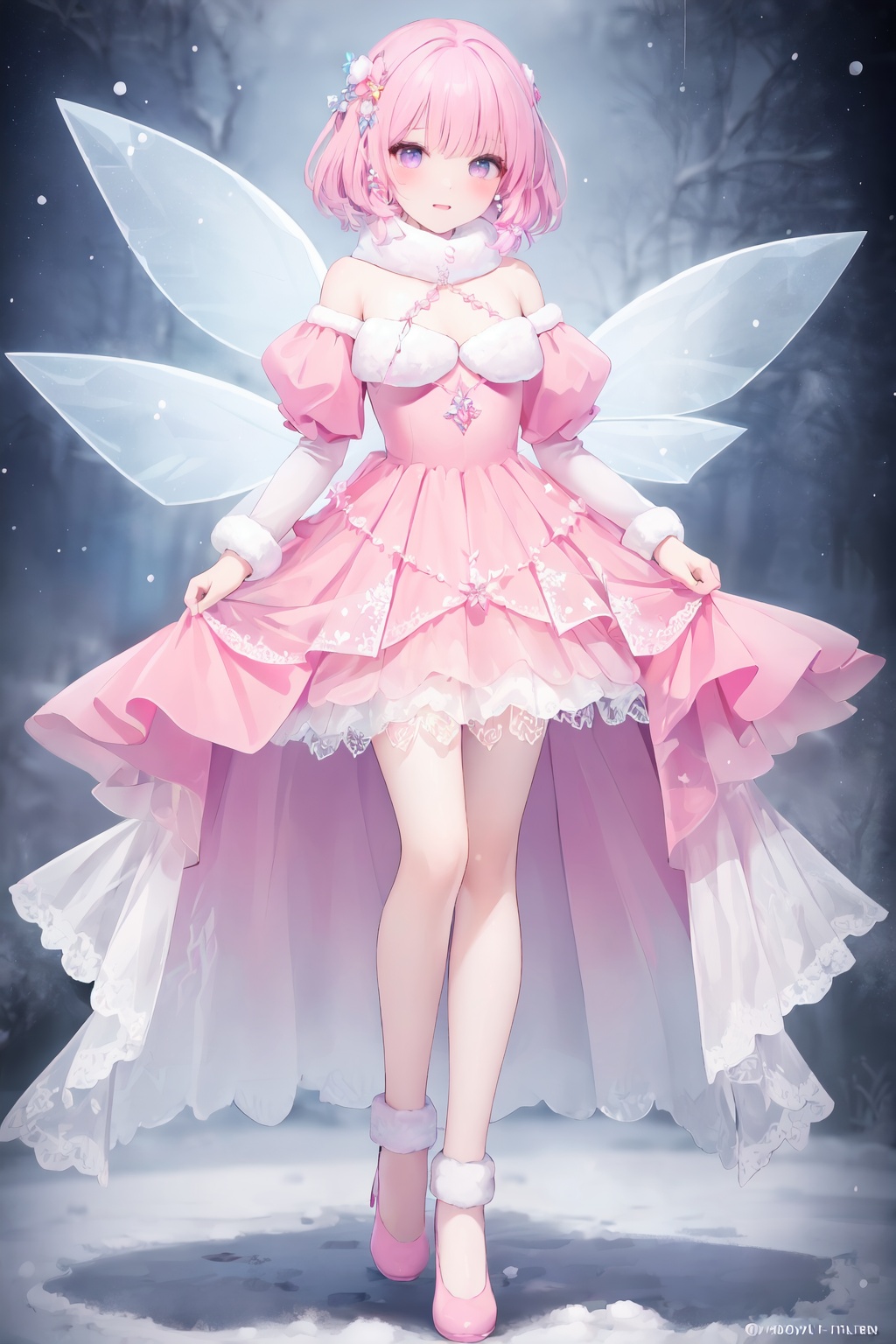 masterpiece, best quality, (fairy, lace wings, dress, pink dress, crystal dress, lots of crystals on the dress, cold winter, pink theme), full body