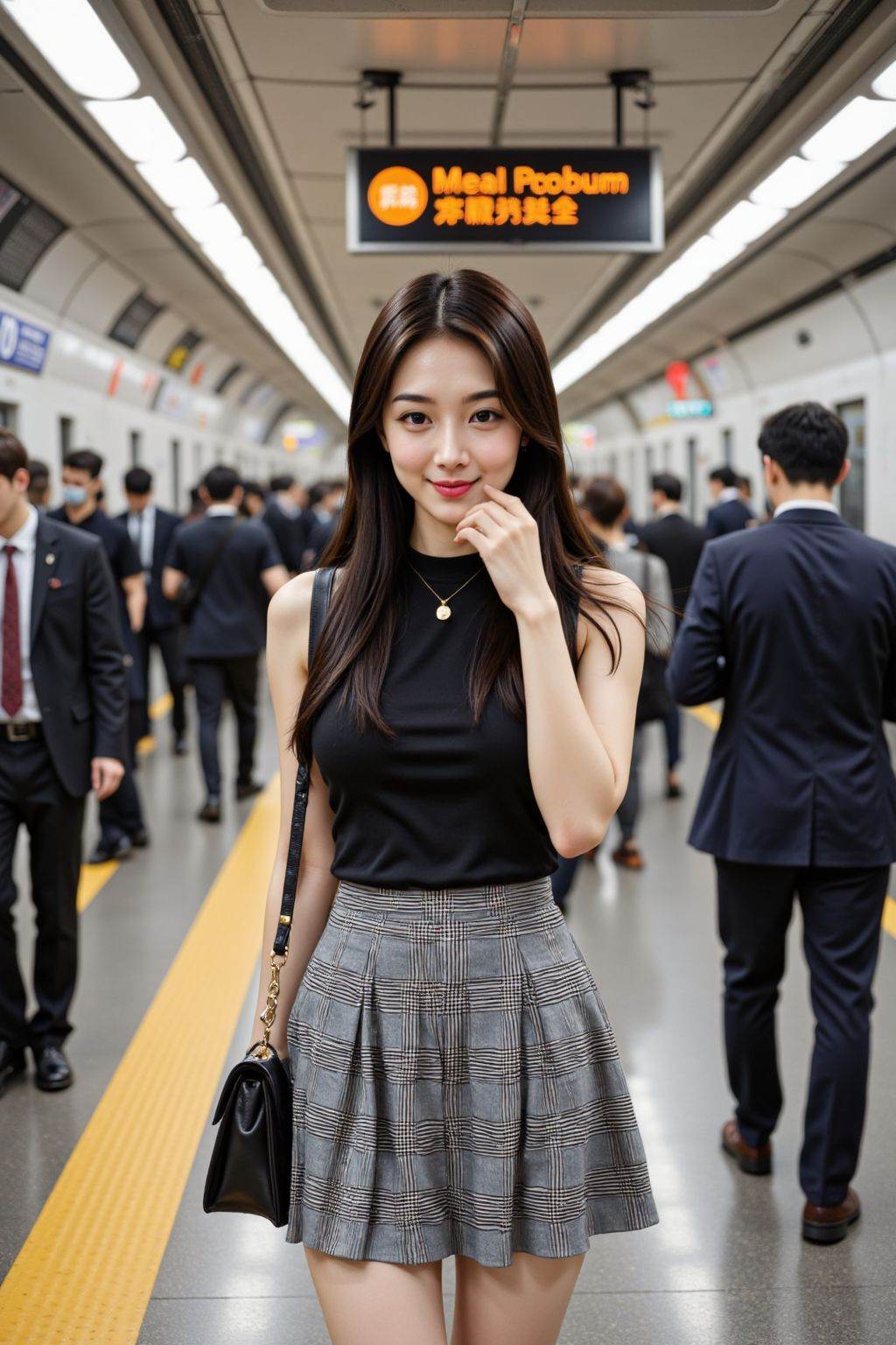 A photograph captures a young Asian woman with long, dark hair standing on a bustling Tokyo subway platform. She wears a sleeveless black top and a high-waisted, patterned skirt, carrying a black leather handbag. The background is filled with blurred figures of people, some in business attire, walking towards the train. The platform has yellow safety lines and electronic signage in Japanese above. The overall ambiance is busy and urban, with fluorescent lights illuminating the scene.