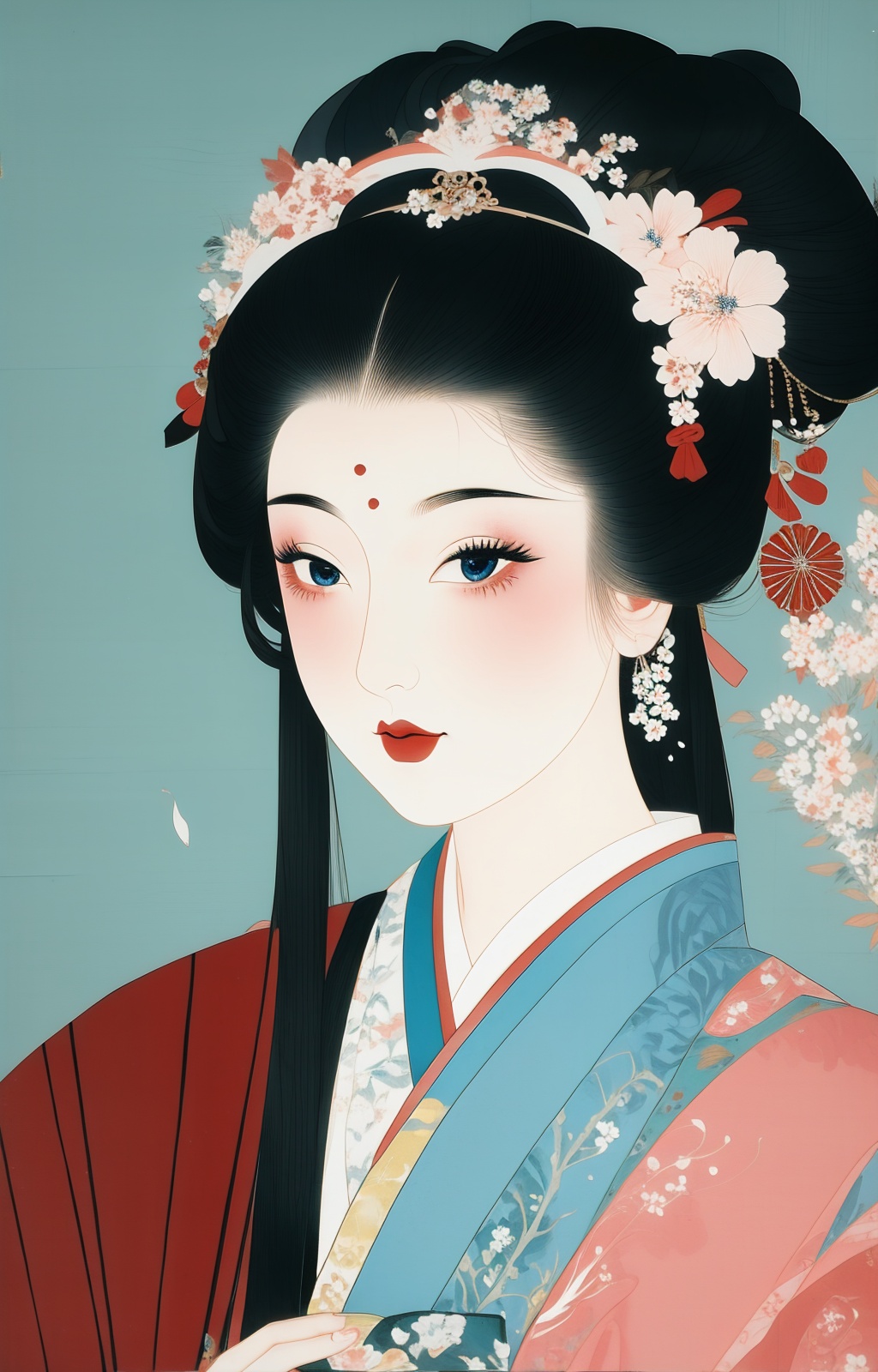 a painting of a woman with a fan on her head and a fan on her head,in a white dress,Chizuko Yoshida,japanese,a painting,ukiyo-e,absurdres,highres,wallpaper,colorful,thick eyebrows,pupils,bright_pupils,makeup,eyeshadow,lipstick,long_eyelashes,mascara,face_focus,eyes_focus,front view,looking_at_viewer,<lora:贵妃毛笔插画v1:1>,