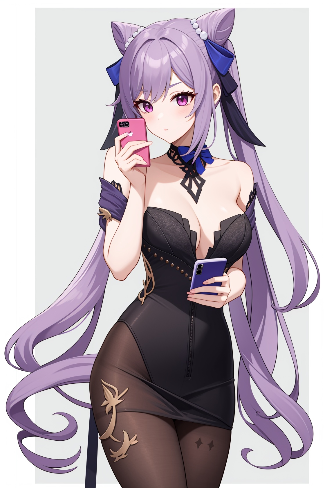 <lora:nai3画风bysdlion-000035:0:lbw=paint>,<lora:刻晴皮肤:1:lbw=char>,keqing,1girl,black pantyhose,bow,smartphone,iphone,holding smartphone,, (masterpiece,best quality,high quality:1.4),absurdres,