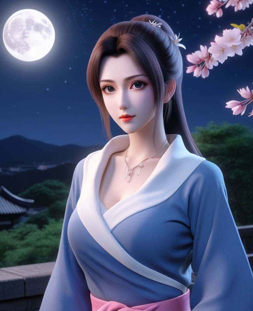 <lora:577-DA-XL-斗破苍穹-云韵-黑服:0.8>(,1girl, ,best quality, ),looking at viewer,  ,ultra detailed background,ultra detailed background,ultra realistic 8k cg,, ,masterpiece, (( , )),, ,   ,   cure blossom, full moon,night,night sky,  (cleavage), (), ,,