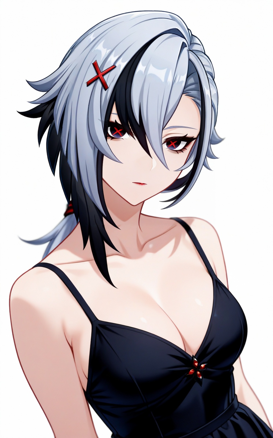 depth of field,masterpiece,best quality,very aesthetic,alternate costume,alternate costume,2024,2023,perfect composition,ultra-detailed,extreme aesthetic,masterpiece,best quality,good quality,newest,year 2024,year 2023,very aesthetic,absurdres,looking_at_viewer,colorful,white_background,simple background,upper_body,dress,<lora:仆人·衣服百搭款ILL:0.8>,arlecchino \(genshin impact\),grey hair,streaked hair,multicolored hair,two-tone hair,black hair,hair_ornament,symbol-shaped pupils,x hair ornament,hair between eyes,black eyes,x-shaped pupils,red pupil,low ponytail,