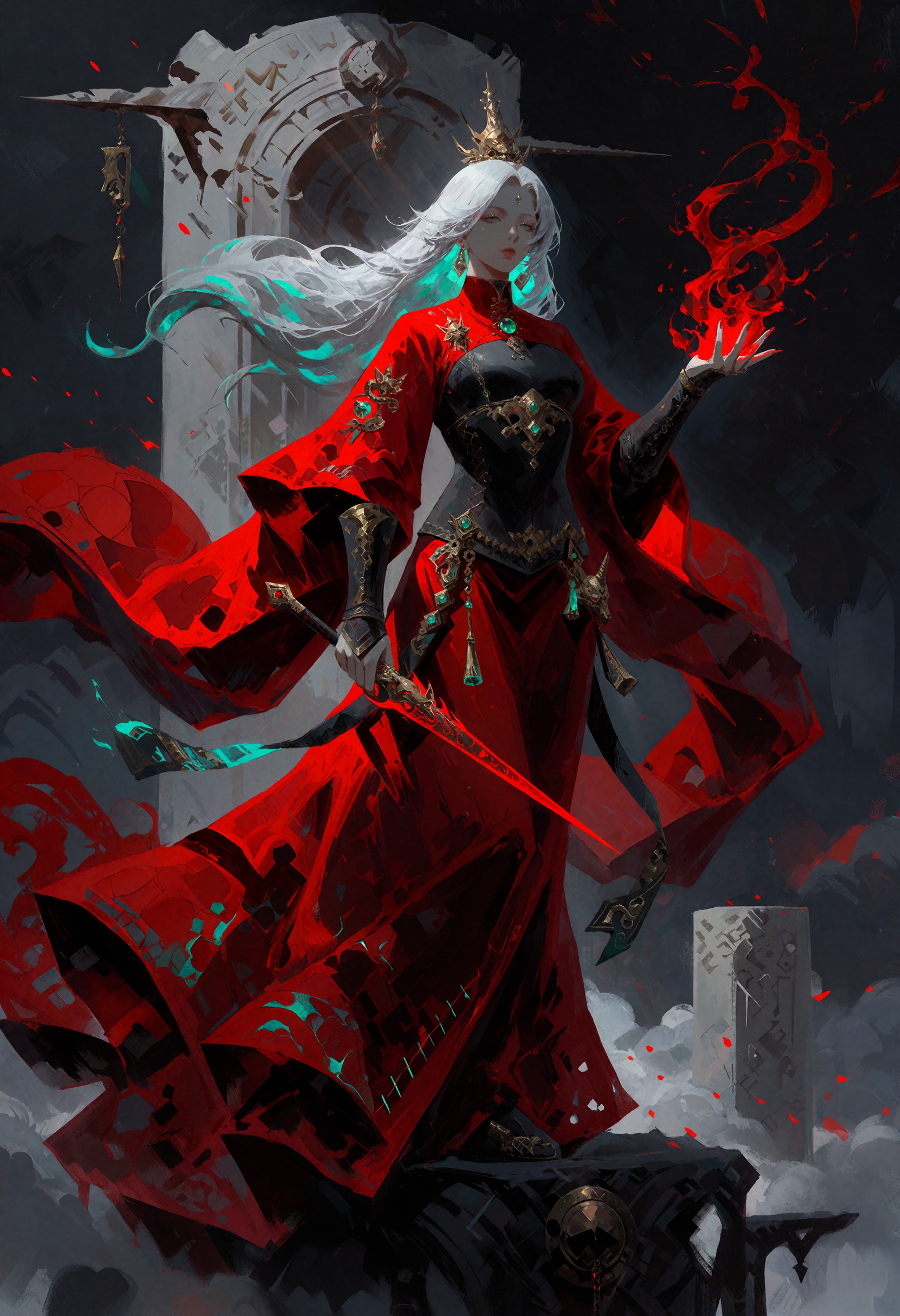 In the style of zhihui,  a divine sorceress with pale skin and silver-white hair streaked with jade-green flows like liqui...
