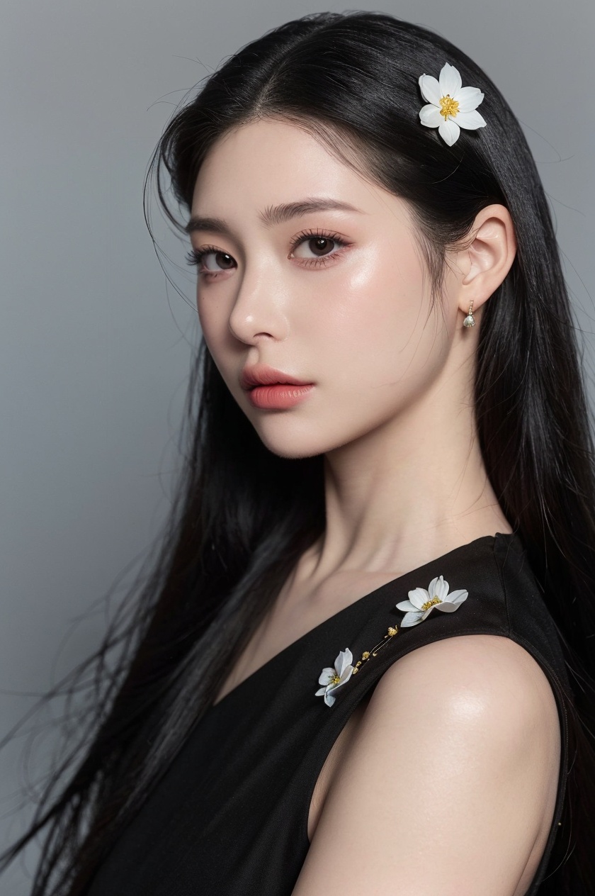 1girl, solo,(front view:1.2),(looking_at_viewer:1.4),(eye-contact:1.4),,black hair, long hair, jewelry, realistic, earrings, hair ornament, black eyes, lips, collarbone, parted lips, flower, watermark, upper body, portrait, hair flower, dress, web address,  <lora:YG红颜阁美女3:0.8>,
