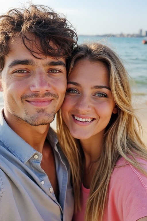 <lora:20250521_AgainMouthSizeF1Lora:-2>,This is a photograph of a young couple posing for a selfie outdoors. The woman with long blonde hair, wears a pink top. The man with short dark hair, is in a shirt.