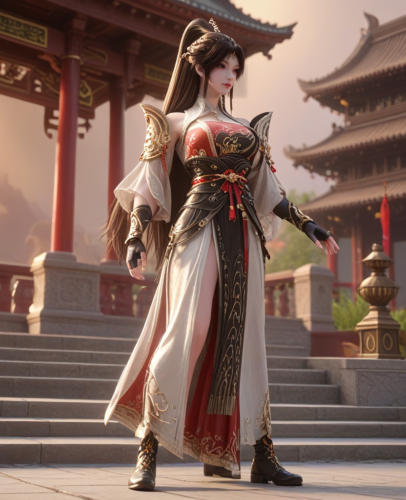 (oriental architecture, elegant decor, sophisticated style:1.1),(Hands clasped behind her back, head tilted to one side with a playful smirk playing on her lips, she channels an air of confident seduction that is impossible to resist:1.1),(Cowboy shot:1.1),(large breasts:1.2),<lora:XL16云深不知梦羲和第7集封魔祭典:0.95>,miss xihe,two-tone black and red corset dress,left pauldron,black hair,very long hair,half-up crown ponytail with long cascading hair,hair ornament,jewelry,black fingerless gloves,sash,black boots,, score_9,score_8_up,score_7_up,score_6_up,score_5_up,score_4_up,3d rendering,tag1,tag2, Cinematic Lighting,backlighting,