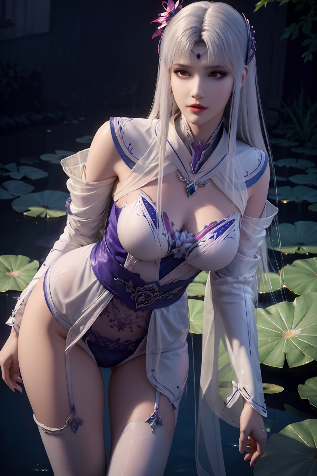 standing,flower,full_moon,moon,night,lily_pad,lotus,moonlight,water,night_sky,lily_\(flower\),sky,partially_submerged,1girl,solo,hair ornament,long hair,realistic,nail polish,photo_\(medium\),(big breasts, cleavage),makeup,(8k, RAW photo, best quality, masterpiece:1.2),(realistic, photorealistic:1.3),ultra-detailed,extremely detailed cg 8k wallpaper,(crystalstexture skin:1.2),extremely delicate and beautiful,(sexy pose:1.2),wearing edgHL,see-through,thighhighs,sexy lingerie,(big breasts:1.2),white hair