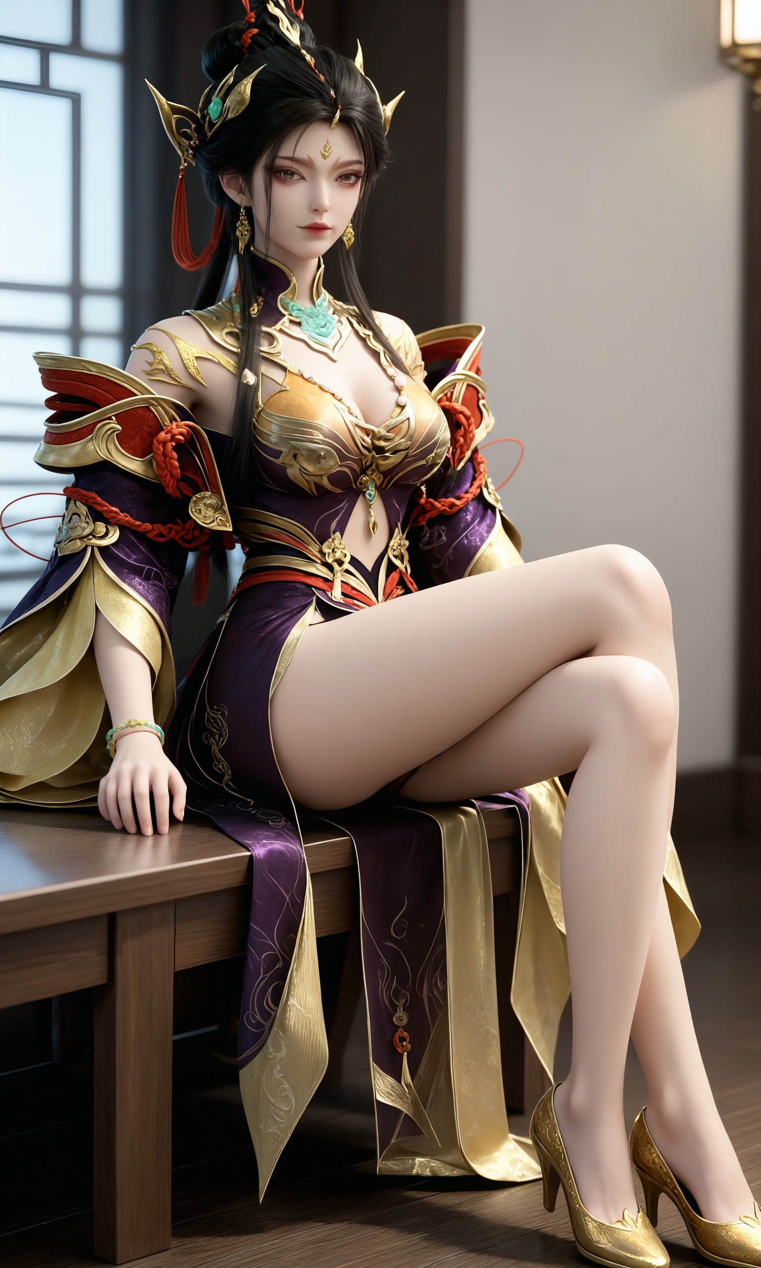<lora:永劫无间-南宫锦-华锦Pony:0.8>,1girl,black hair,long hair,hair bun,hair bun,golden ornaments,braids,high collar,breasts,jewelry,gold,red,and purple dress,golden footwear,bare legs,clothing cutout,earrings,bracelet,chinese clothes,