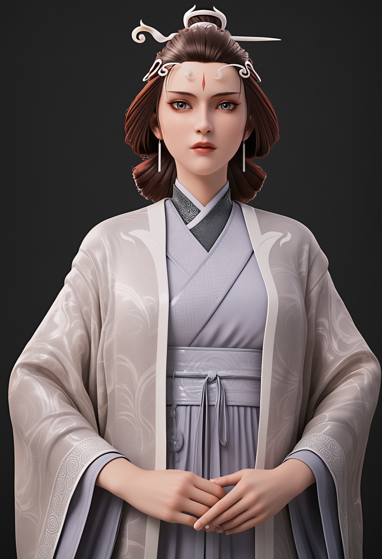 (cowboy shot:1.2),score_9,score_8_up,masterpiece,(best quality),intricate details,facing viewer,(looking at viewer:1.1),<lora:YQ_pony_shuiyue_V4:0.8>,q1528437228,solo,1girl,black hair,jewelry,earrings,chinese clothes,facial mark,hair ornament,forehead mark,hanfu,long sleeves,makeup,wide sleeves,hair bun,hair stick,long hair,red lips,updo,japanese clothes,black eyes,blue eyes,robe,brown eyes,brown hair,kimono,sash,grey eyes,korean clothes,single hair bun,BREAKscore_9,score_8_up,masterpiece,(best quality),perfect anatomy,(hourglass),perfect face,(simple background,pure black background,black background:1.1),fair_skin,shiny_skin,Ivory_skin,