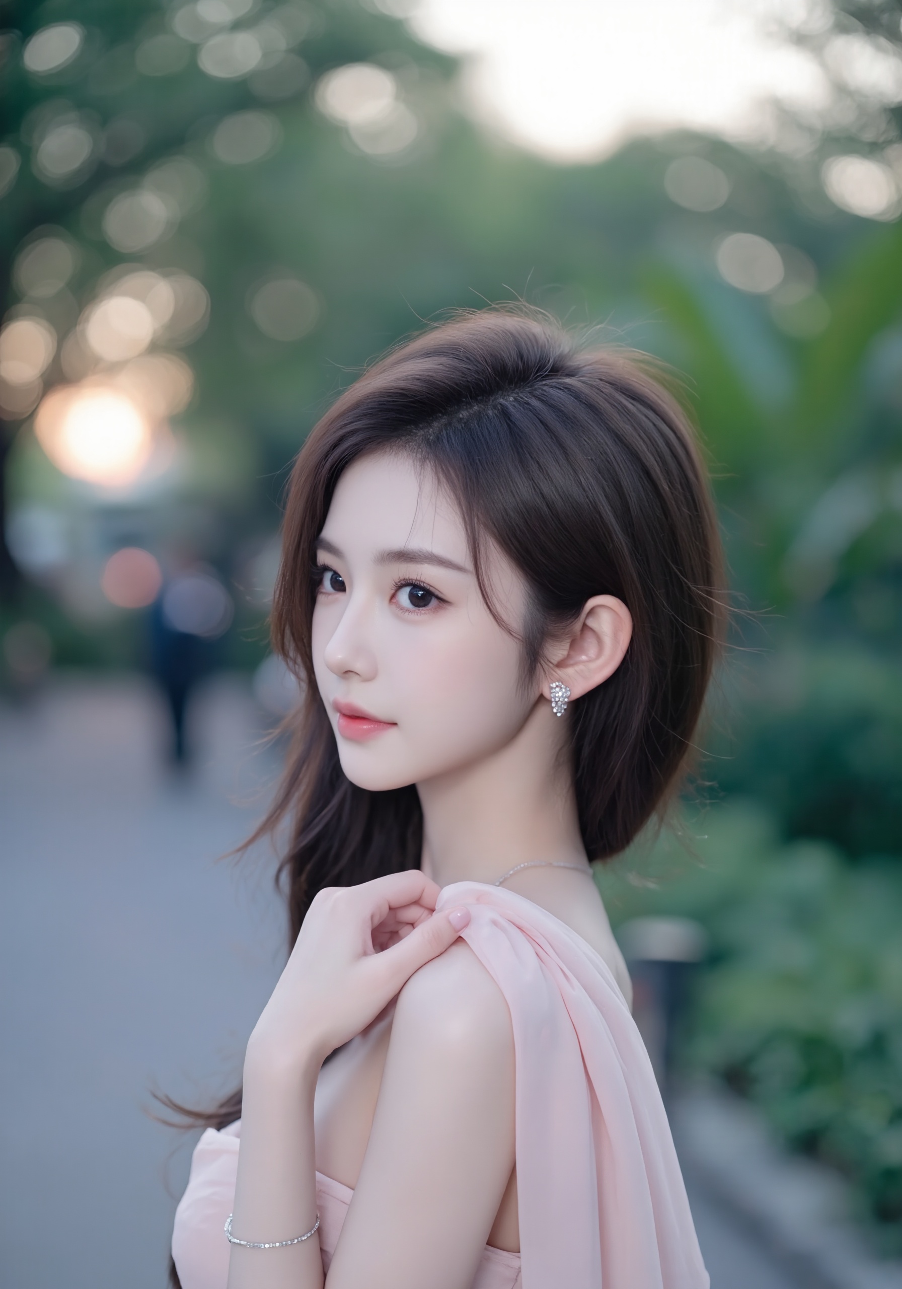 This is a high-resolution photograph featuring an Asian woman with a delicate,ethereal appearance. She has smooth,fair skin,large,almond-shaped eyes with a subtle makeup look,and full,pink lips. Her dark,straight hair cascades in soft waves,framing her face. She wears a strapless,pale pink dress with a fitted bodice,and a sheer,flowing pink fabric draped over her shoulders,adding a touch of elegance. Her jewelry includes small,sparkling stud earrings and a delicate bracelet on her left wrist. The background is a blurred,bokeh effect,suggesting a serene outdoor setting,possibly a garden or park,with lush greenery and a hint of a sunset or early morning light,creating a dreamy atmosphere. The overall composition and lighting emphasize the subject's delicate beauty and the serene,romantic ambiance of the scene.,<lora:3e752b:0.75>,