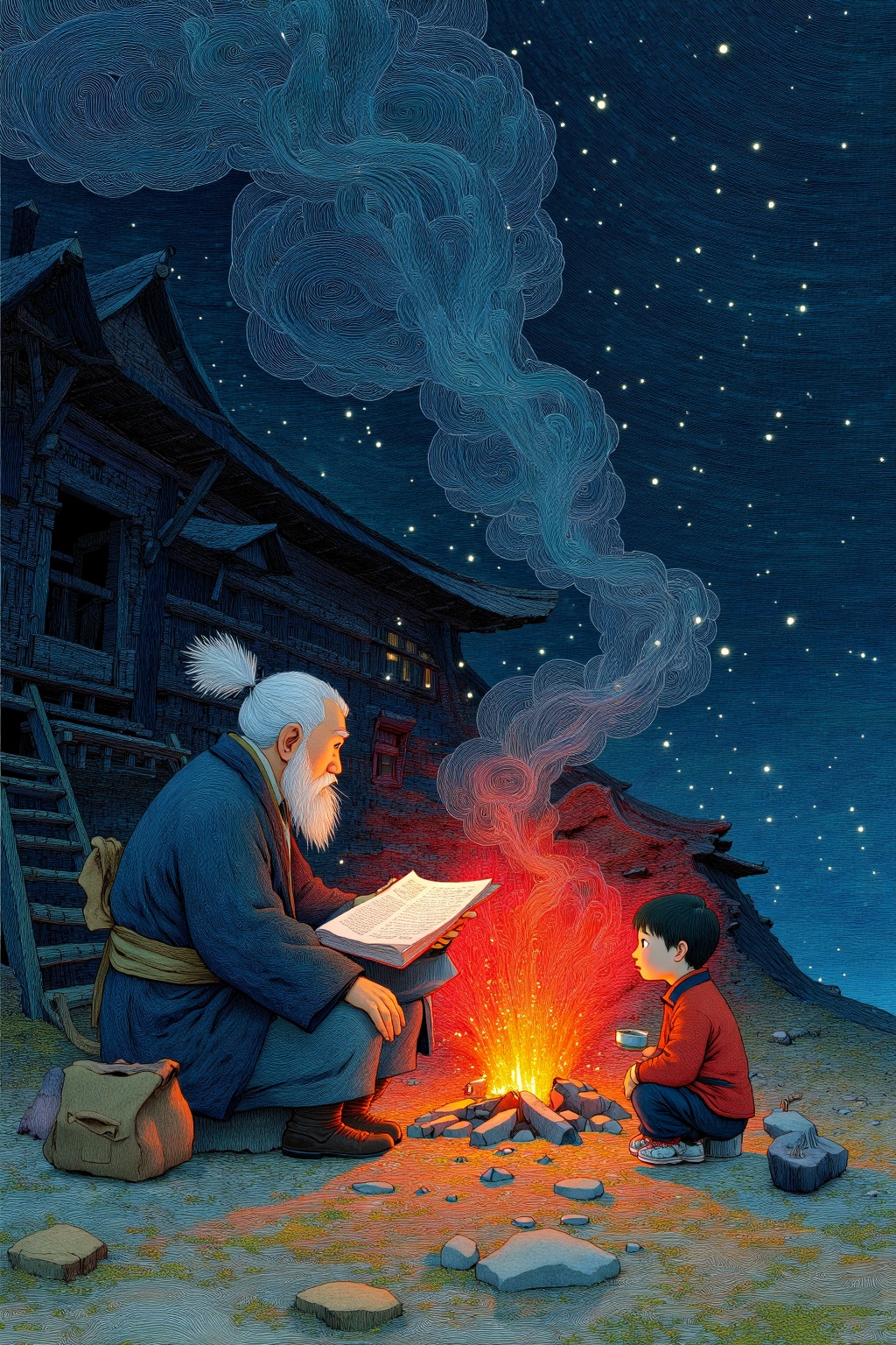 beijihui,a wise elder telling stories around a small bonfire under the stars,children listening,fine textured lines,warm and spiritual zen atmosphere,
