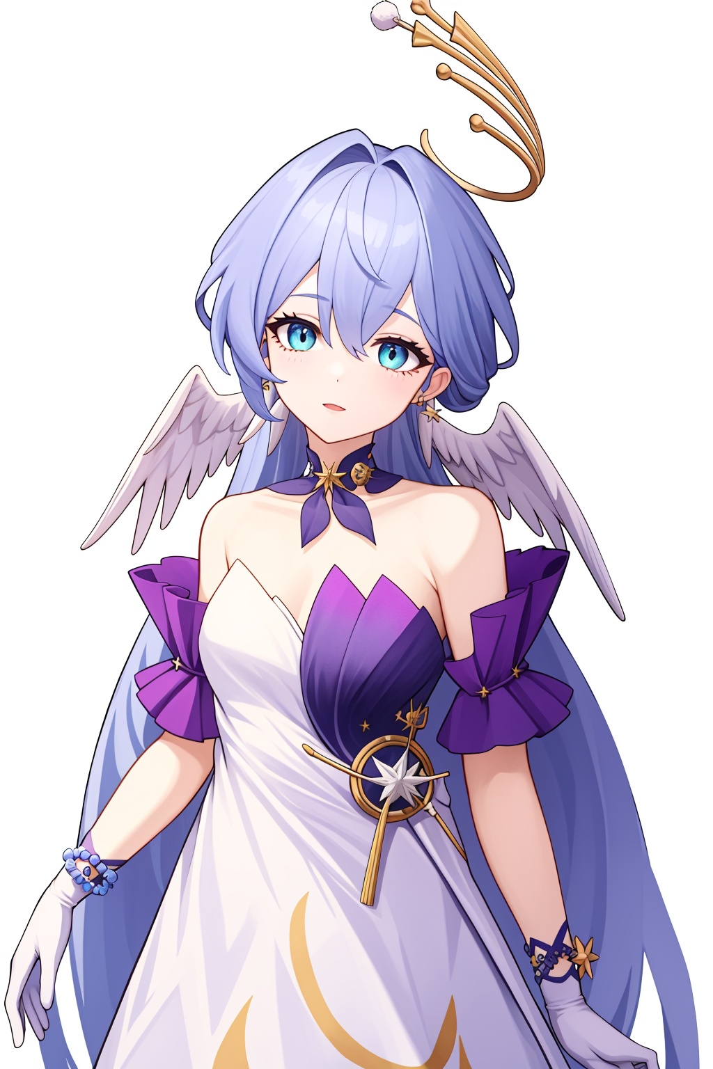 <lora:知更鸟naiv1:1>,robin,a girl named robin,1girl,white dress,bare shoulders,halo,white gloves,earrings,bracelet,head wings,, (masterpiece,best quality,high quality:1.4),absurdres,
