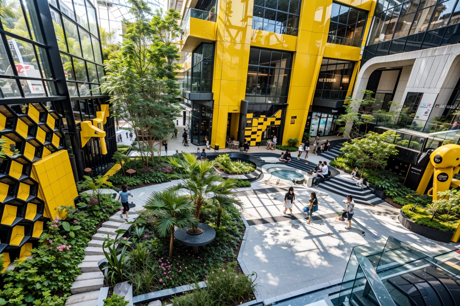 (best quality,4k,8k,highres,masterpiece:1.2),tropical plants,COMMERCIAL LANDSCAPE,this is a commodity exhibition area,the distance is a children's slide,yellow slide ladder,the right is a glass structure,bright light,rich plants,trees,ecological construction,two-layer structure,modern paving,wide_shot,