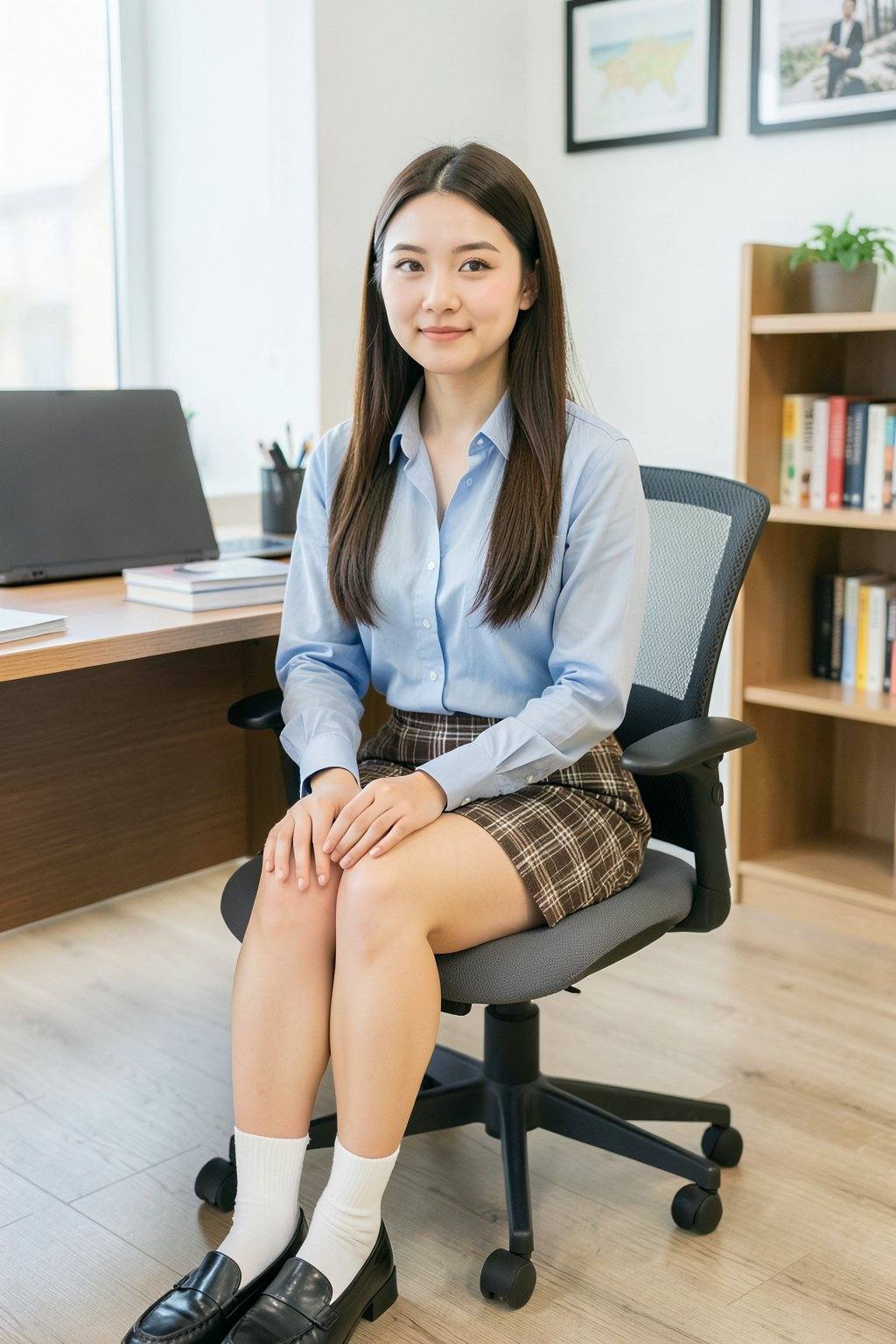 The image depicts a photograph of a young woman sitting in a modern,  well-lit office space. She has long,  straight on Te...