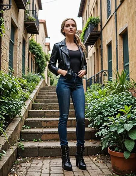 score_9, score_8_up, score_7_up, score_6_up, A  woman, looking up.,️a woman with sexy pose,Wavy French Bob Vibes from 1920’,Brunette,dressed in a black leather biker jacket with distressed skinny jeans and combat boots,In a dimly lit alleyway, a woman's legs dangle from a fire escape, one stiletto heel caught on a ledge as she looks back at the camera with a playful smirk, clad only in a slinky black dress,shoulder-level shot,full body shot,A meandering river winds its way through a lush green valley,️Clear blue sky,️Hyperrealistic art Extremely high-resolution details photographic realism pushed to extreme fine texture incredibly lifelike,️(masterpiece best quality ultra-detailed best shadow amazing realistic picture),Fujifilm XT3,️natural lighting