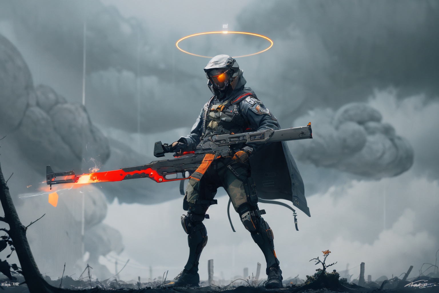 -weapon, gun, solo, holding weapon, holding, halo, holding gun, assault rifle, rifle, science fiction, signature, glowing, jacket, tree,<lora:Apocalypse Aso_20240119162949:1>,Apocalypse Aso,