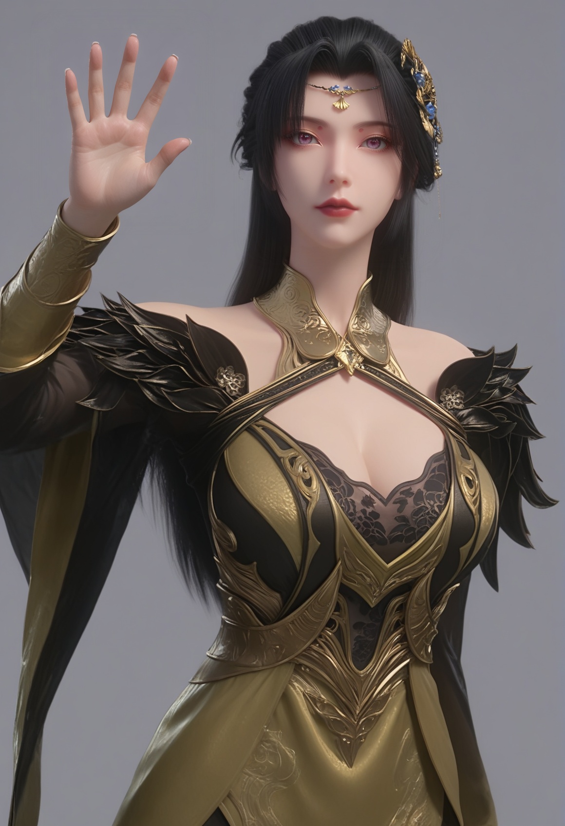 (score_9),<lora:柳如烟-rain:0.8>,lry,(mature_female),solo,long hair,hair ornament,black hair,mole under eye,detached collar,forehead jewelry,wrist guards,dress,sleeve,<lora:perfect eyes_v1:1>,bright pupils,looking at viewer,front view,<lora:Expressive_H-000001:0.8>,reaching_out,(waving:1.1),(glamor:1.2),curvy,collarbone,pointy breasts,puffy breasts,large breasts,narrow waist,simple background,grey background,