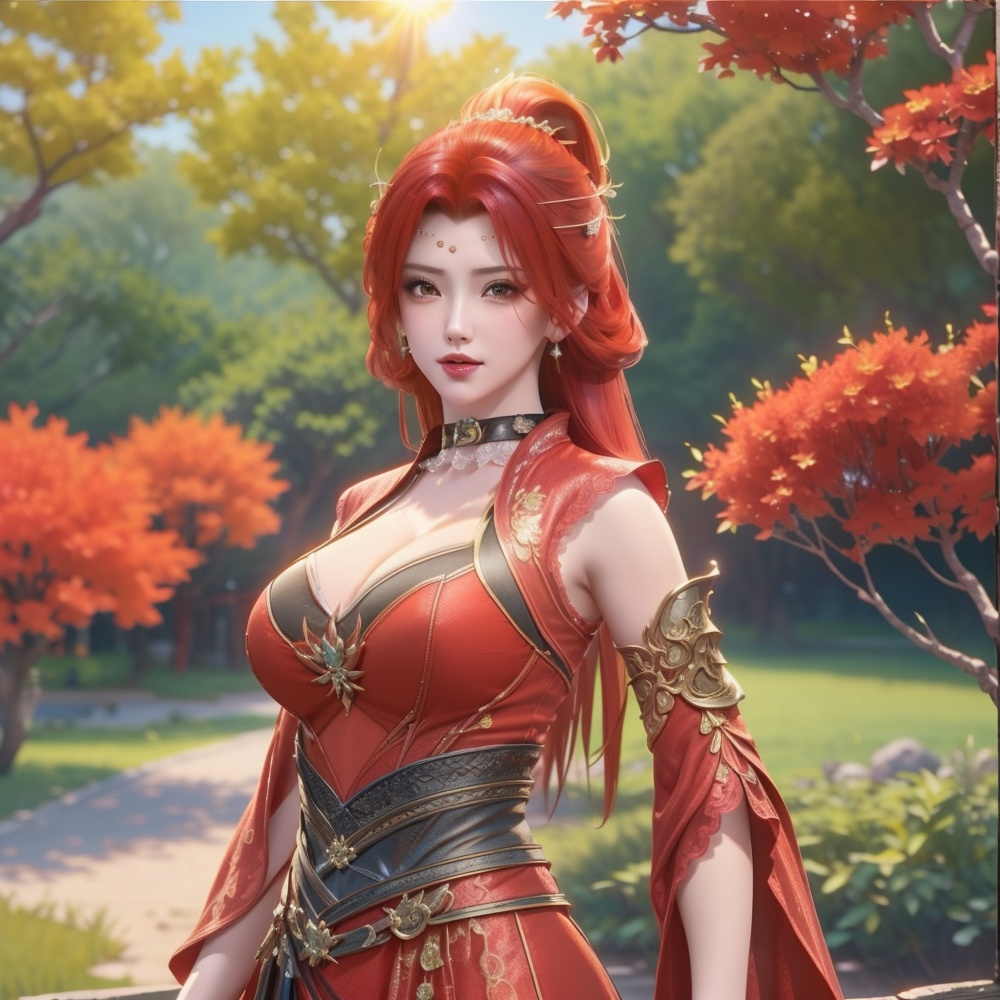<lora:斗破苍穹-唐火儿:1>red hair,  (,1girl, ,best quality, ),looking at viewer,  ,, ultra detailed background,ultra detailed background,ultra realistic 8k cg,,masterpiece, (( , )), fiction,mole,  ,     ,see-through, lace, (cleavage),(((, solo, sun, , bare_tree, )))