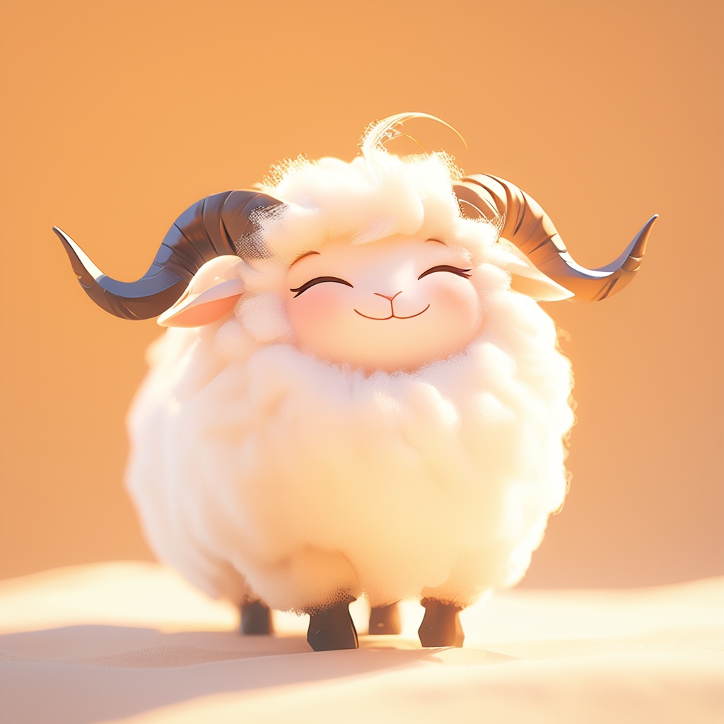 weiyang,sheep,fluffy,cute,mf-movie-filter,warm colors,white fur,whimsy and dramatic lighting,cc-color-correction,^ ^,soft lighting,sheep horns,:3,sheep focus,sheep ears,no humans,closed eyes,solo,smile,horns,simple background,closed mouth,standing,facing viewer,orange theme,full body,brown background,outdoors,orange background,<lora:weiyang_xl:0.8>,