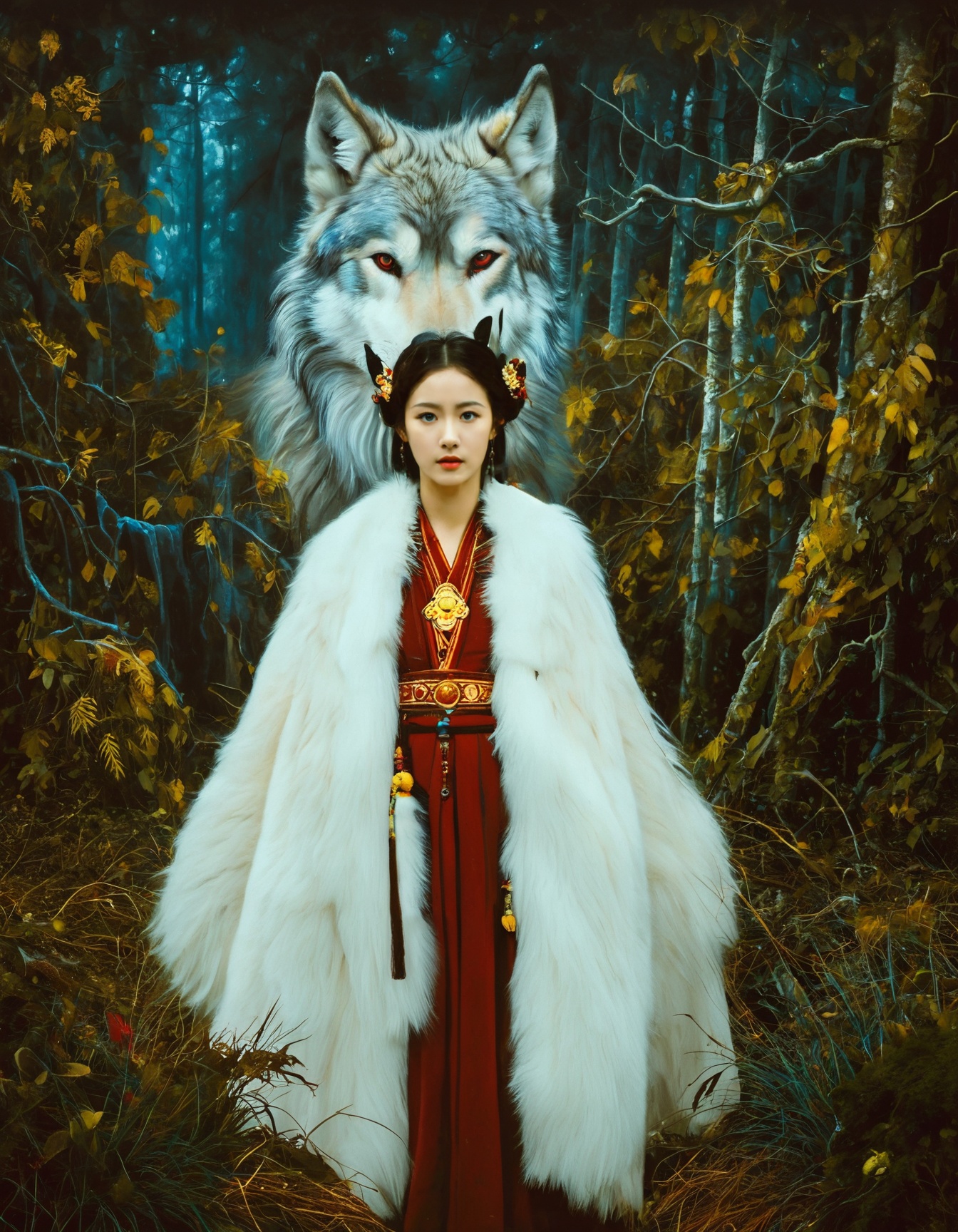 cinematic still This vivid oil painting captures a mystical atmosphere with a girl in traditional hanfu attire, colored in rich shades of red and gold, against a backdrop of a misty, ancient forest. A colossal white wolf with thick fur and piercing blue eyes stands closely behind her, exuding a protective aura. The soft brush strokes highlight the wolf's fur and the intricate patterns on the girl's dress.An illustration of a fantasy giant wolf standing in a mystical forest. . emotional, harmonious, vignette, 4k epic detailed, shot on kodak, 35mm photo, sharp focus, high budget, cinemascope, moody, epic, gorgeous, film grain, grainy