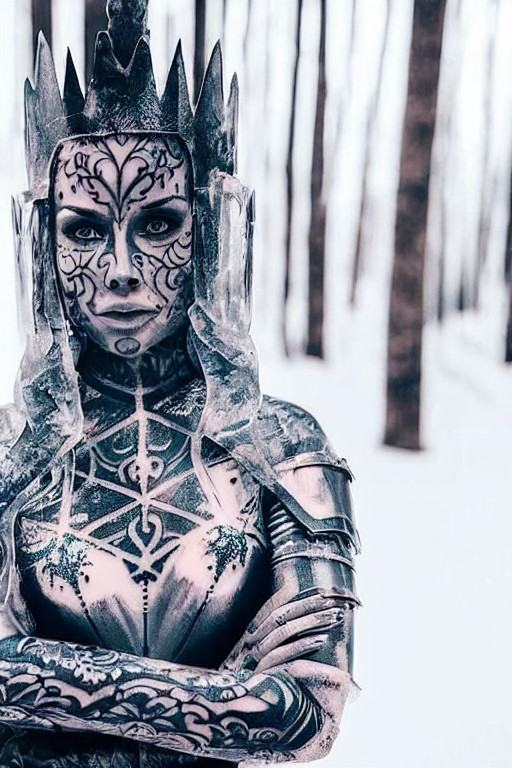 picture of (woman with face and body tattoos) ,  wearing a (((iron armor))) in a ((ice forest)) on Tensor.Art
