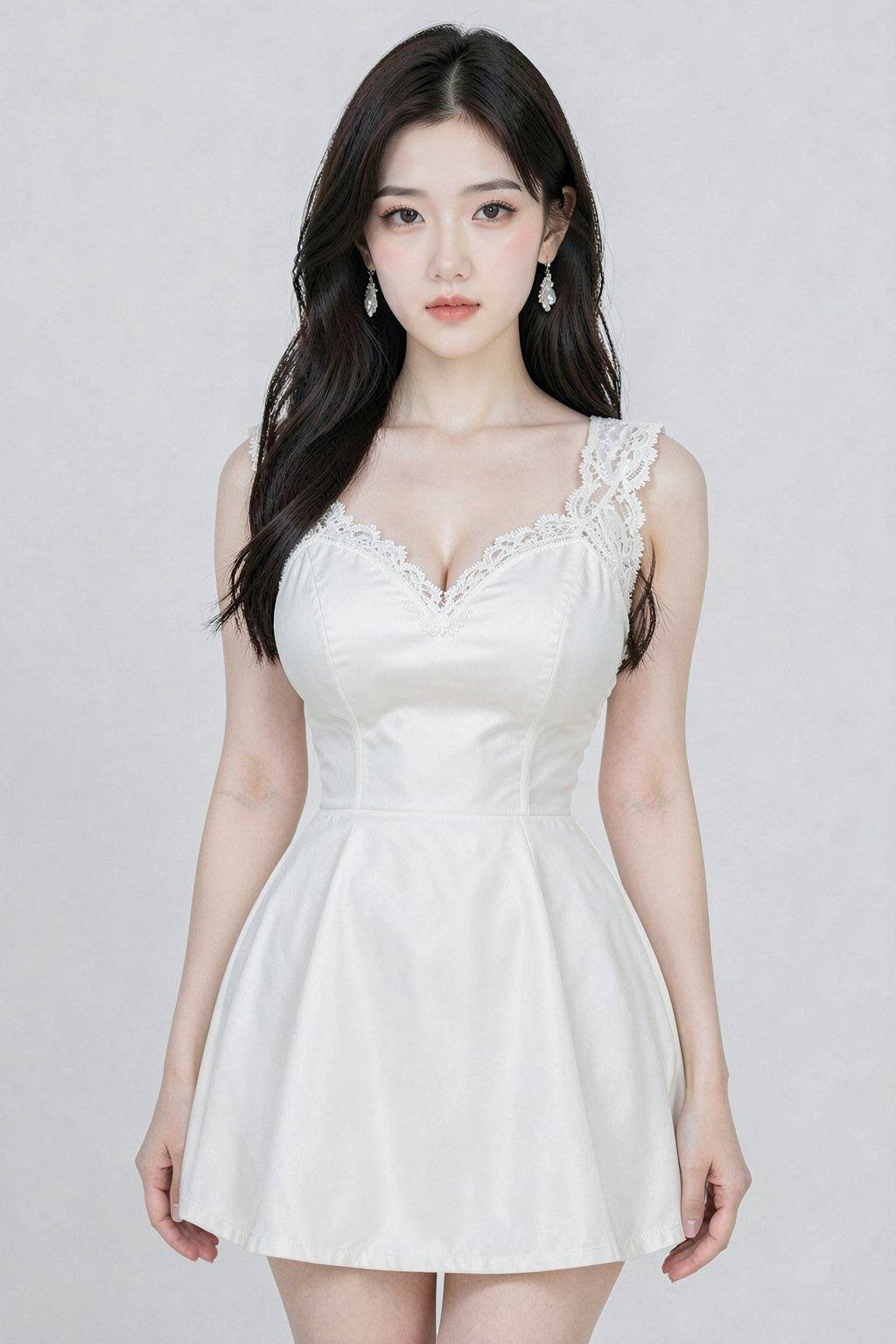 A photograph of an Asian woman with long, wavy dark brown hair, standing against a plain light gray background. She wears a sleeveless, white satin dress with a fitted bodice and a flared skirt, adorned with intricate lace detailing on the shoulders and neckline. The dress has a sheer panel on the bodice, revealing a hint of her bra. She accessorizes with small, dangling earrings. Her expression is neutral, and she gazes directly at the camera. The lighting is soft, highlighting the dress's glossy texture and her smooth, fair skin.