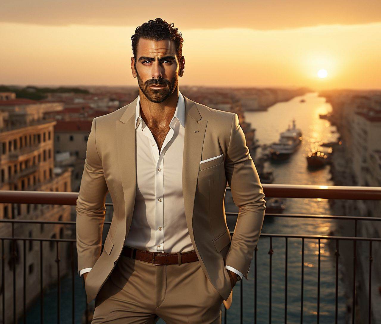 Nautical-themed of Sacha Baron Cohen a man in a tan suit standing on a balcony,  sun behind him,  inspired by Pablo Munoz...