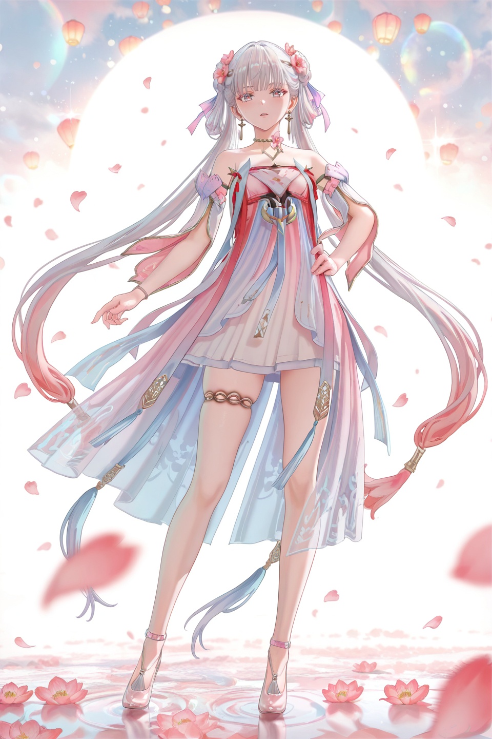 8k,best quality,masterpiece,(ultra-detailed),(high detailed skin),((artist:reoen),(artist:fuzichoco),(artist:atdan),(artist:torino_aqua),year 2024:0.8)1girl,[artist:wlop],[artist:ningen_mame],artist:ciloranko,[[artist:rhasta]],artist:tidsean,colorful,detailed light,light leaks,sunlight,bokeh,blurry foreground,ray tracing,lens flare,cinematic lighting,full body,full shot,standing,looking at viewer,(solo:1.2),simple background,(white background:1.2),hand on own hip,(white background:1.1),<lora:jxnew-IL-Tanger-000014:0.8>,jinhsi,jinhsi \(peach blossom\) \(wuthering waves\),(clothes:peach blossom pink dress,alternate costume,bare shoulders:1.2),flower-shaped pupils,1girl,hair ornament,hair flower,twintails,bangs,jewelry,very long hair,A full-body portrait of a young girl,standing gracefully,pastel art style,high-key lighting,shoujo manga influence,hd quality,delicate details,