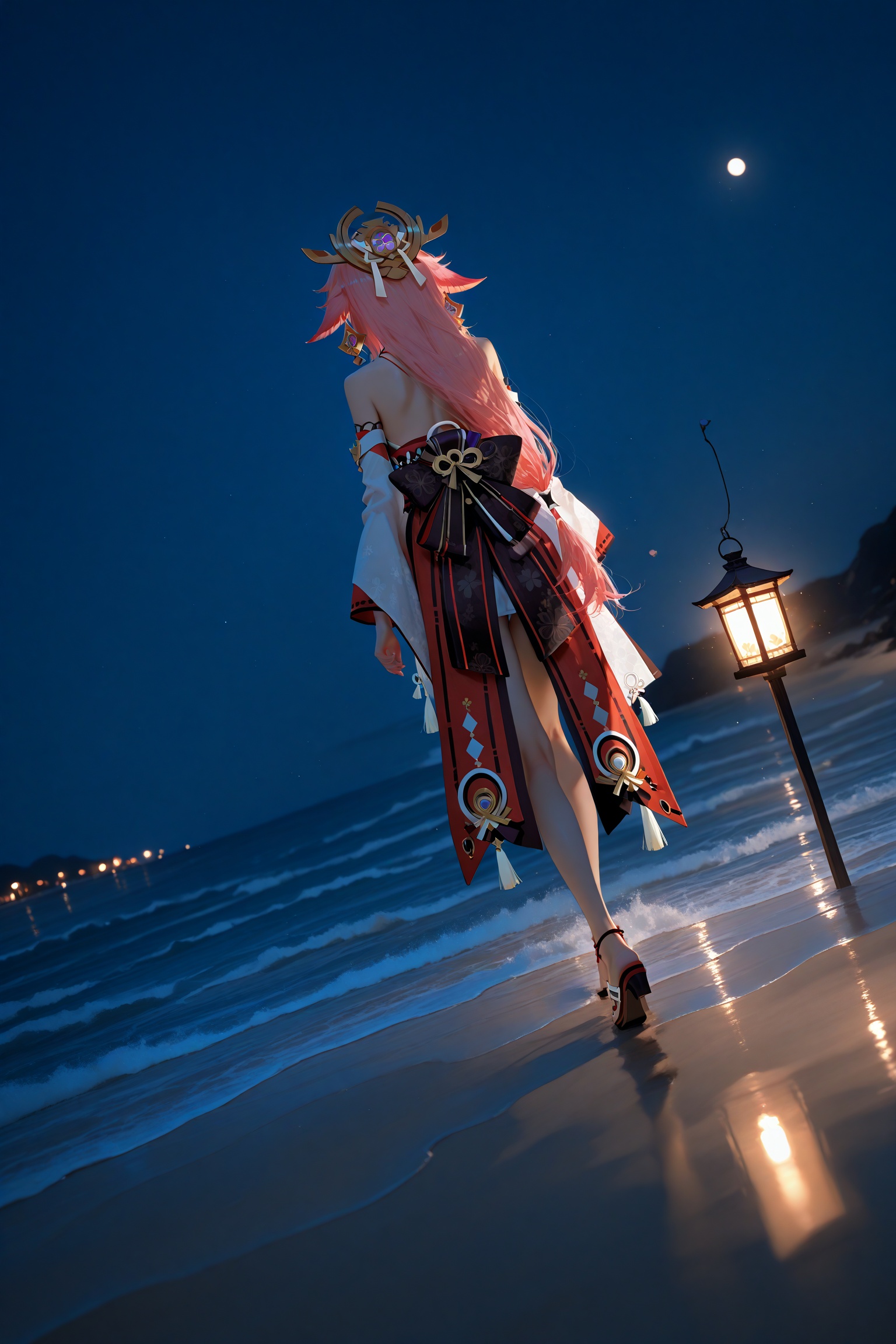 masterpiece,best quality,amazing quality,very aesthetic,absurdres,newest,extreme aesthetic,in the style of fashion photography,light particles,cinematic lighting,Visual impact,sharp focus,Emotionalization,depth of field,dutch angle,scenery,night,realistic,dim light,dark,yae miko,scenery,from behind,lantern,beach,waves,walking,crescent,