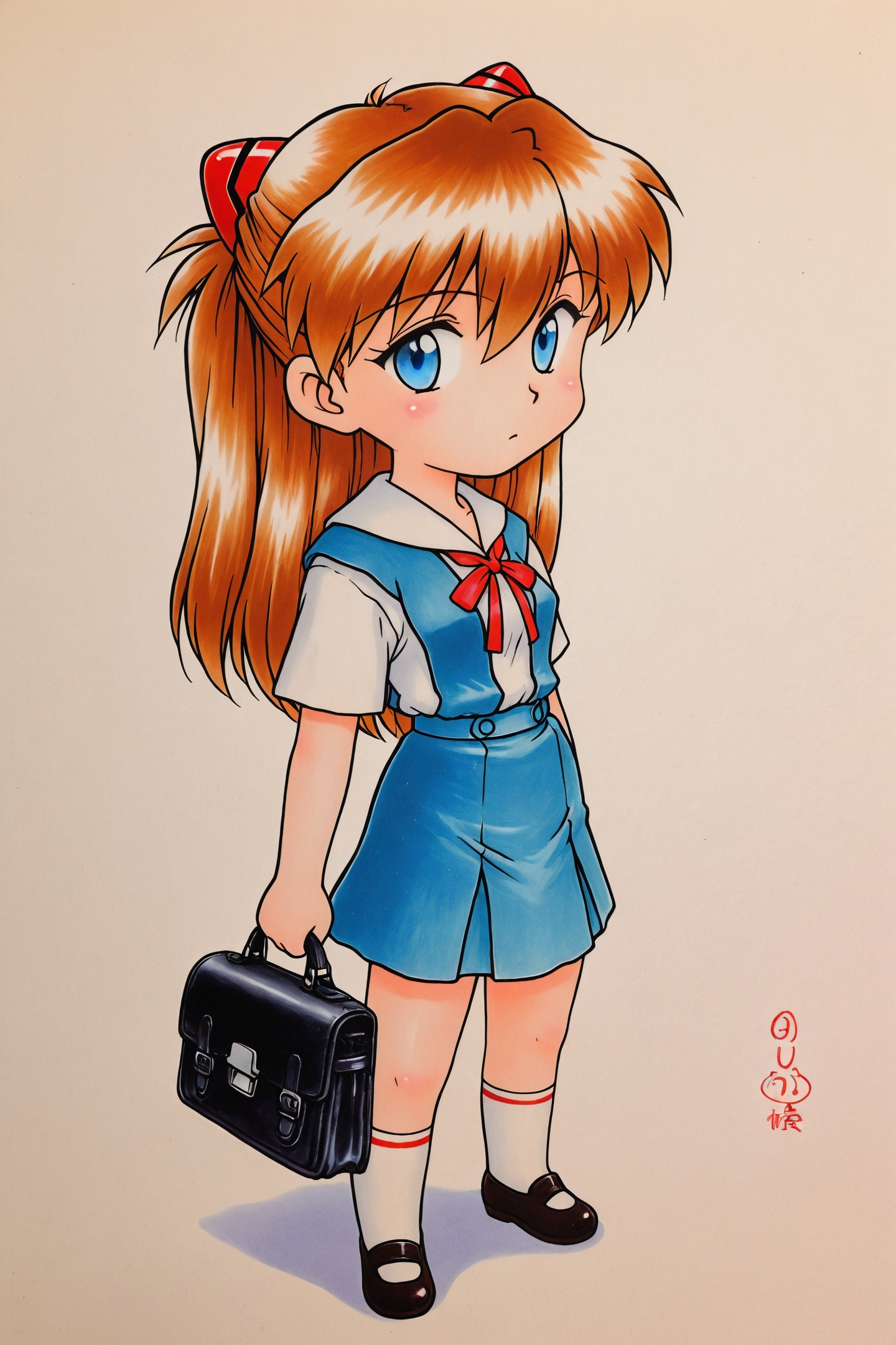 Juu Kuroinu Style,1girl,souryuu asuka langley,blue eyes,long hair,school uniform,solo,brown hair,interface headset,skirt,tokyo-3 middle school uniform,full body,bag,traditional media,full body,chibi,<lora:black dog chibi_illustriousXL:1.3>,