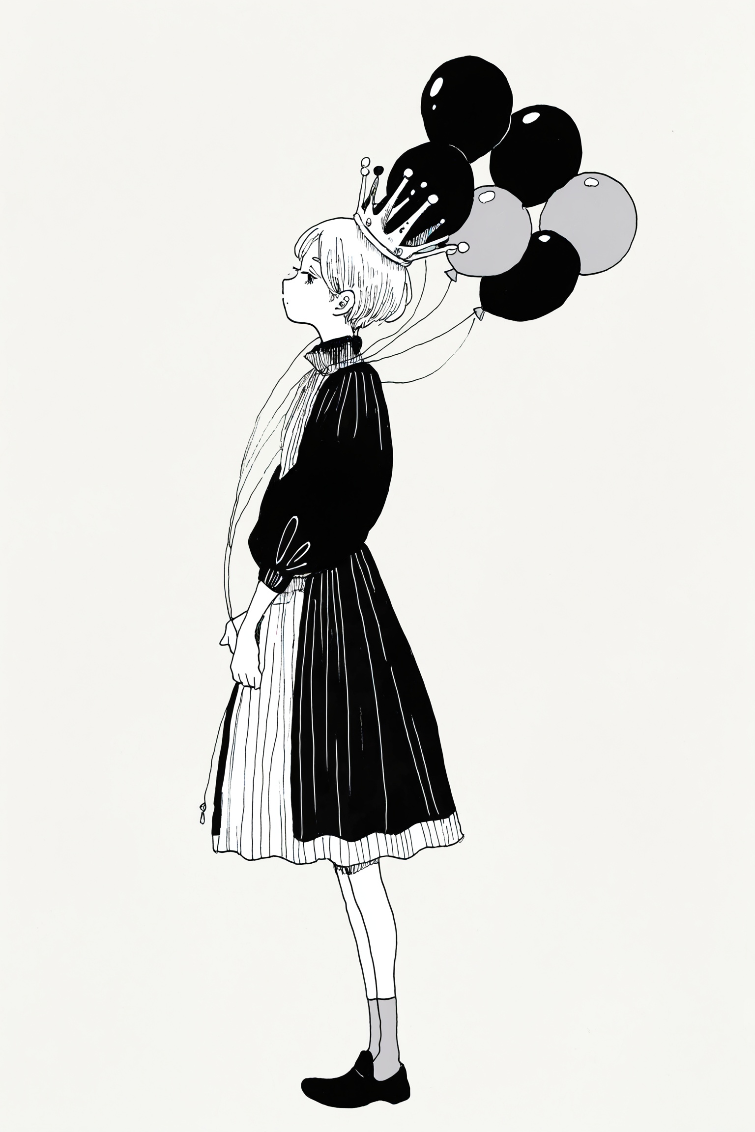 masterpiece,best quality,good quality,<lora:jijia-gnoobv-Tanger-000010:0.7>,jijia,2d,anime,artist:hey,crown,1girl,dress,monochrome,balloon,solo,simple background,short hair,long sleeves,holding,full body,shoes,from side,standing,socks,greyscale,profile,holding balloon,grey background,puffy sleeves,