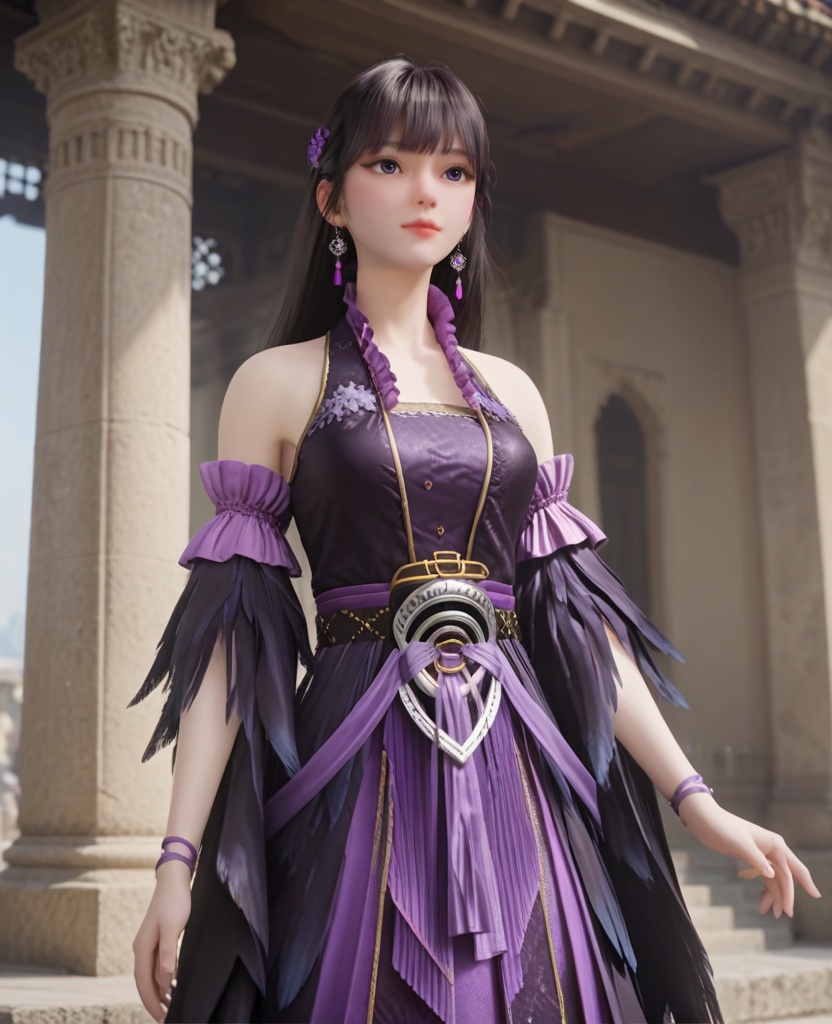 (oriental architecture, elegant decor, sophisticated style:1.1),(standing:1.1),(breasts:1.2),<lora:XL修罗武神大蛋蛋:0.95>,miss dandan,black dress,belt,purple frills,bare shoulders,black hair,bangs,long hair,earrings,detached sleeves,feather trim,pelvic curtain,feathers fart curtain with purple petticoat underneath,bracelet,, score_9,score_8_up,score_7_up,score_6_up,score_5_up,score_4_up,3d rendering,tag1,tag2, Cinematic Lighting,backlighting,