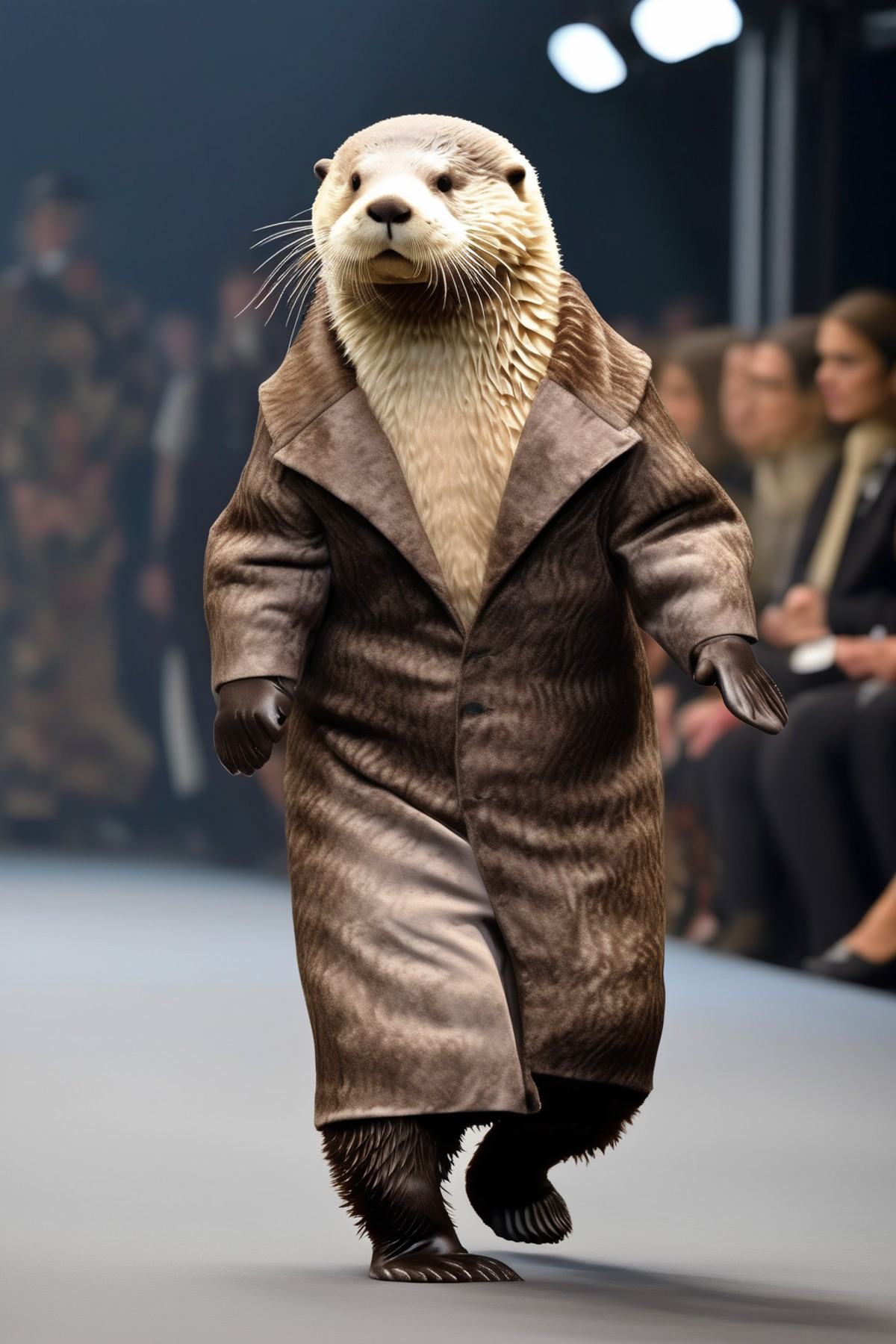 Dressed animals - sea otter fashion model walking the runway at the Milan fashion show on Tensor.Art