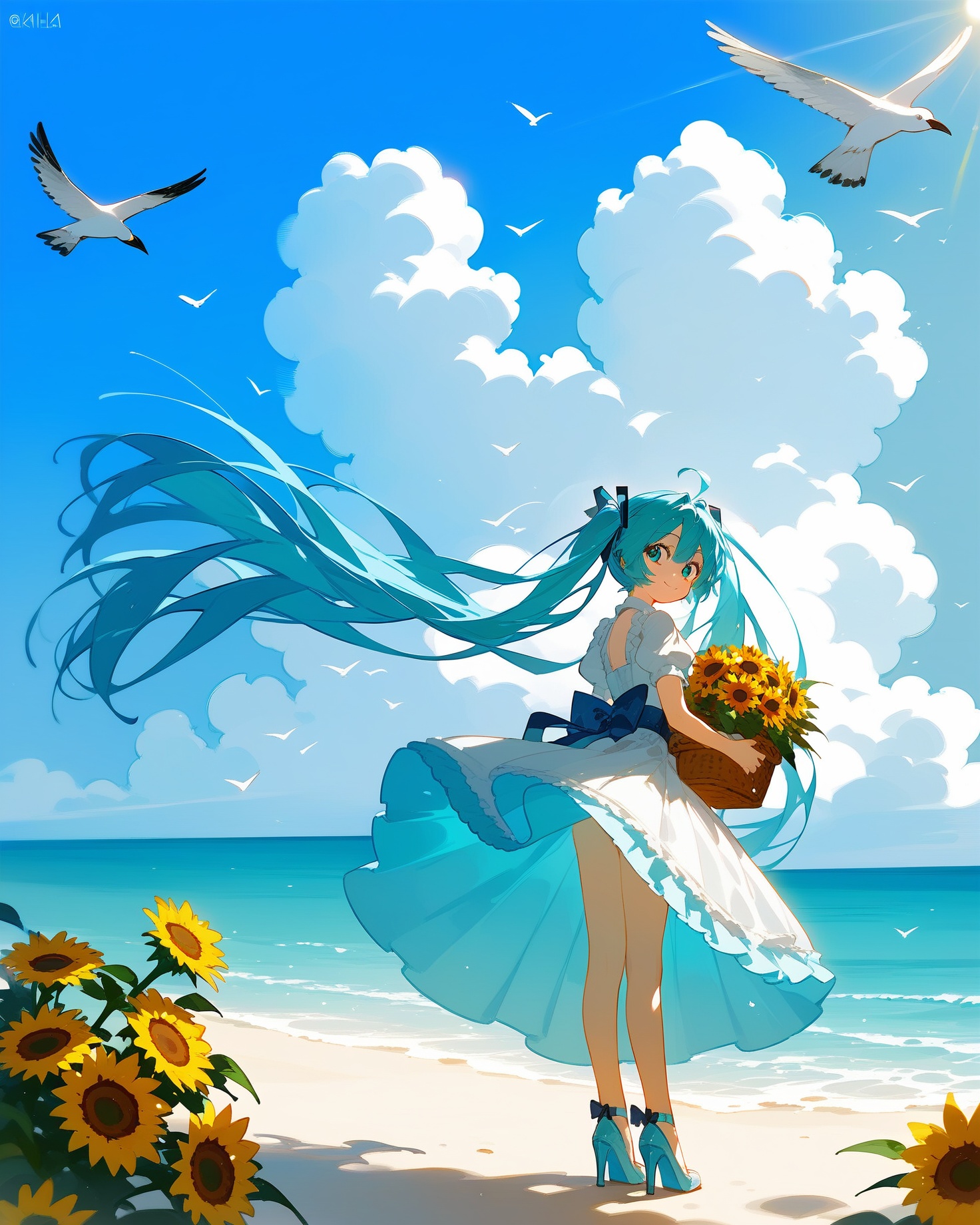 (score_9,score_8_up,score_7_up),hatsune_miku,1girl,long_hair,bird,flower,dress,white_bird,solo,outdoors,very_long_hair,yellow_flower,sky,white_dress,ocean,looking_at_viewer,twintails,cloud,aqua_hair,day,beach,horizon,skirt_hold,full_body,smile,high_heels,blue_sky,looking_back,standing,orange_flower,hair_ornament,hair_between_eyes,water,sunlight,ahoge,aqua_eyes,white_footwear,short_sleeves,bow,floating_hair,frills,shadow,seagull,hair_flower,bangs,sand,white_flower,closed_mouth,wide_shot,frilled_dress,black_bow,bare_legs,cloudy_sky,absurdly_long_hair,bouquet,sunflower,basket,blue_hair,backlighting,ribbon,from_behind,puffy_sleeves,