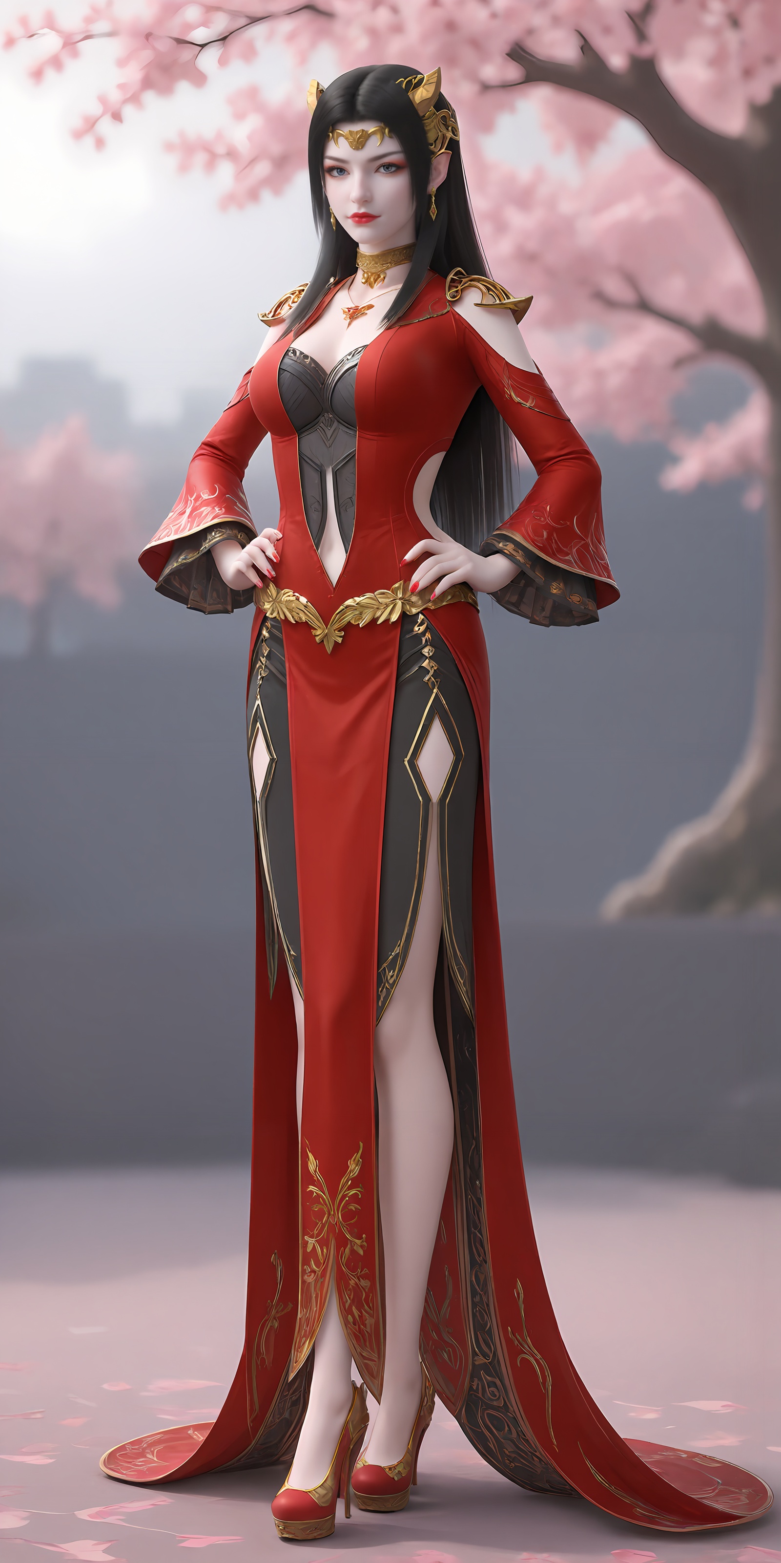 <lora:美杜莎pony-000013:0.6>,meidusha,1girl,solo,jewelry,dress,black hair,red dress,full body,clothing cutout,long hair,earrings,hand on own hip,red footwear,breasts,high heels,red nails,necklace,navel cutout,hair ornament,standing,looking at viewer,navel,depth of field,masterpiece,best quality,very aesthetic,2024,2023,perfect composition,ultra-detailed,extreme aesthetic,(quasarcake:0.7),masterpiece,best quality,good quality,newest,year 2024,year 2023,very aesthetic,absurdres,looking_at_viewer,colorful,