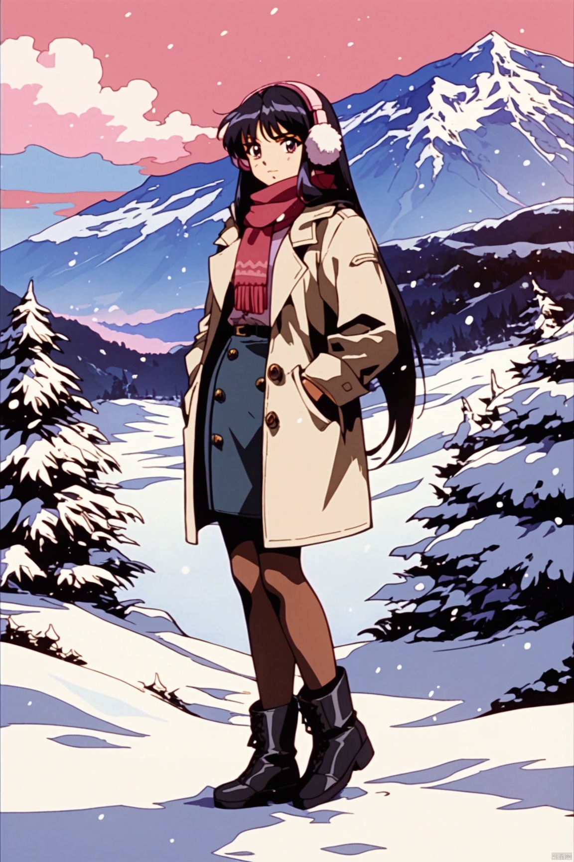 score_9,score_8_up,score_7_up,score_6_up, retro artstyle, 1980s (style),1girl, solo, scarf, tree, black hair, pantyhose, outdoors, coat, bare tree, boots, hands in pockets, skirt, full body, mountain, standing, black footwear, pink sky, bangs, headphones, looking at viewer, earmuffs, snow, long hair, purple sky, winter clothes, winter, sky, closed mouth