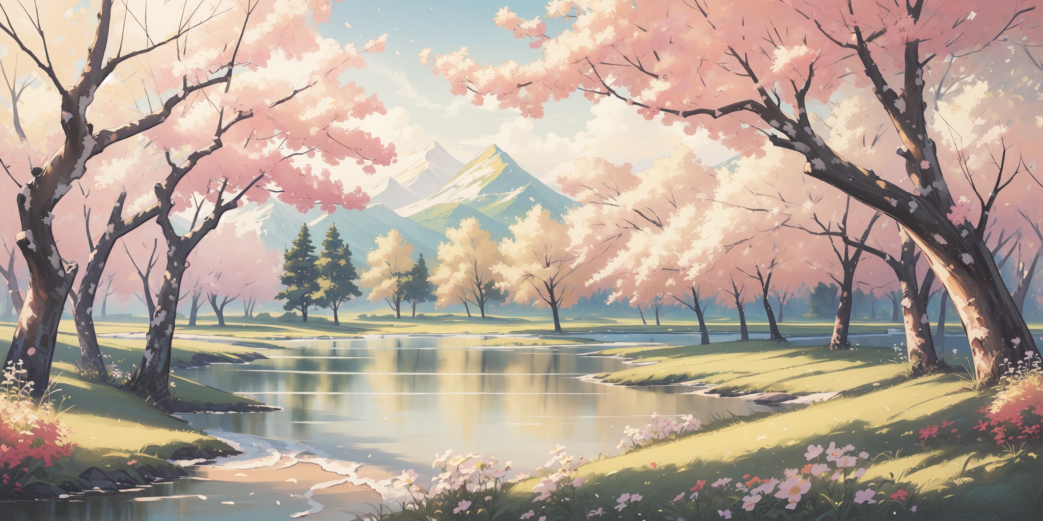 scenery,outdoors,light particles,beautiful detailed sky,beautiful detailed glow,best shadow,panorama,(Lake, Lakeside, Forest, Trees, Reflection, Serenity, Wildlife, Tranquility:1.3),(River, Moonlit, Forest, Boat, Reflections, Peacefulness:1.2),(Cherry blossoms, Garden path, Dawn light, Sakura petals, Tranquil setting, Japanese elegance:1.1),(masterpiece, best quality, beautiful and aesthetic:1.3),extremely detailed CG,ultra-detailed,beautiful concept illustration,illustration,extremely fine and beautiful,perfect details,<lora:YOUHUA-000018:1>,oil painting \(medium\),